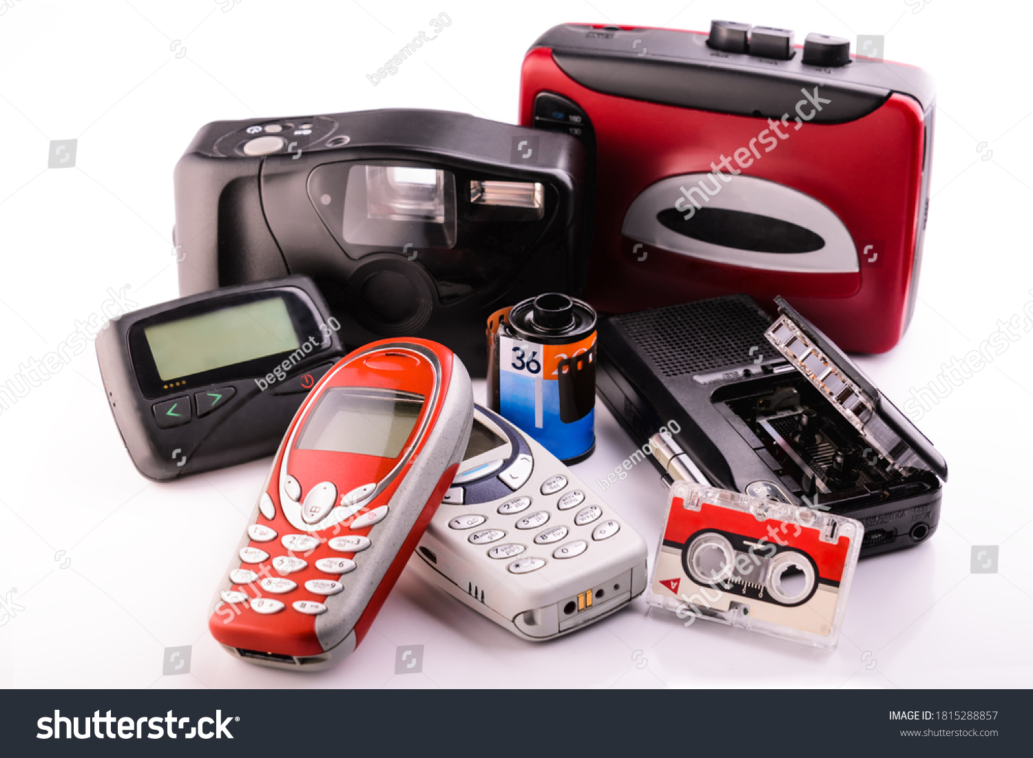 old obsolete items collected in a group on white background #1815288857
