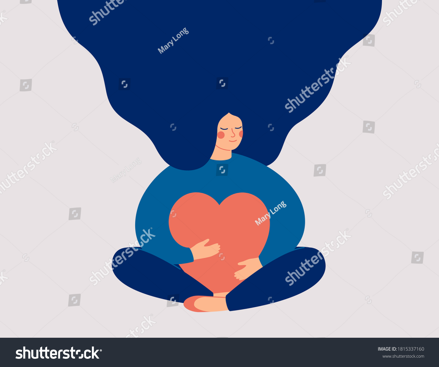 Young woman embraces a big red heart with mindfulness and love. Smiling female character sits in lotos pose with closed eyes and enjoys her freedom and life. Body positive and mental health concept.  #1815337160