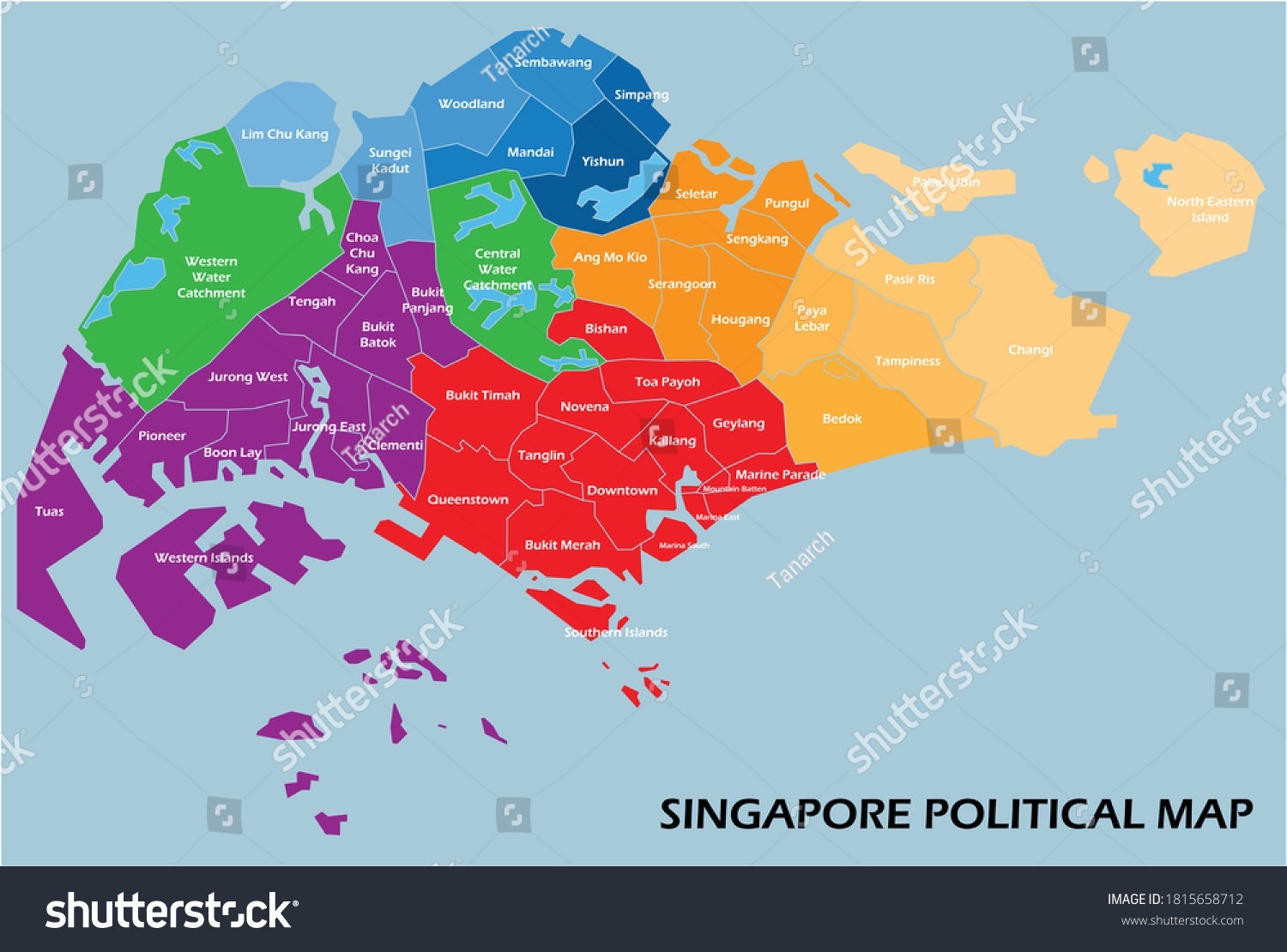 Singapore political map divide by state colorful - Royalty Free Stock 