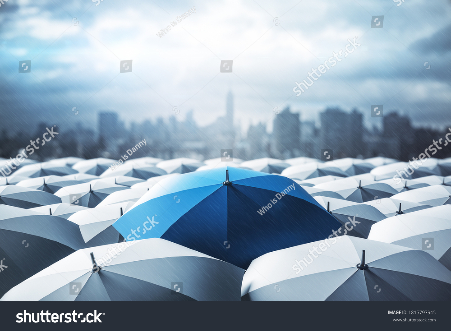 Blue umbrella on top of other gray umbrellas on city background. Business and safety concept #1815797945