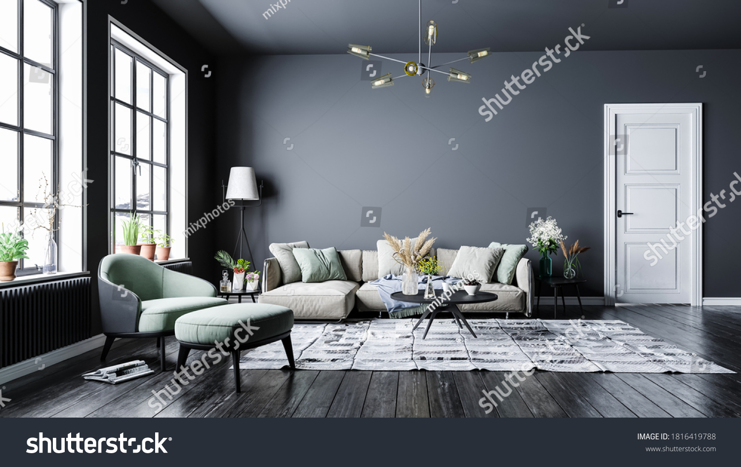Modern interior design, in a spacious room, next to a table with flowers against a gray wall.Bright, spacious room with a comfortable sofa, plants and elegant accessories. #1816419788