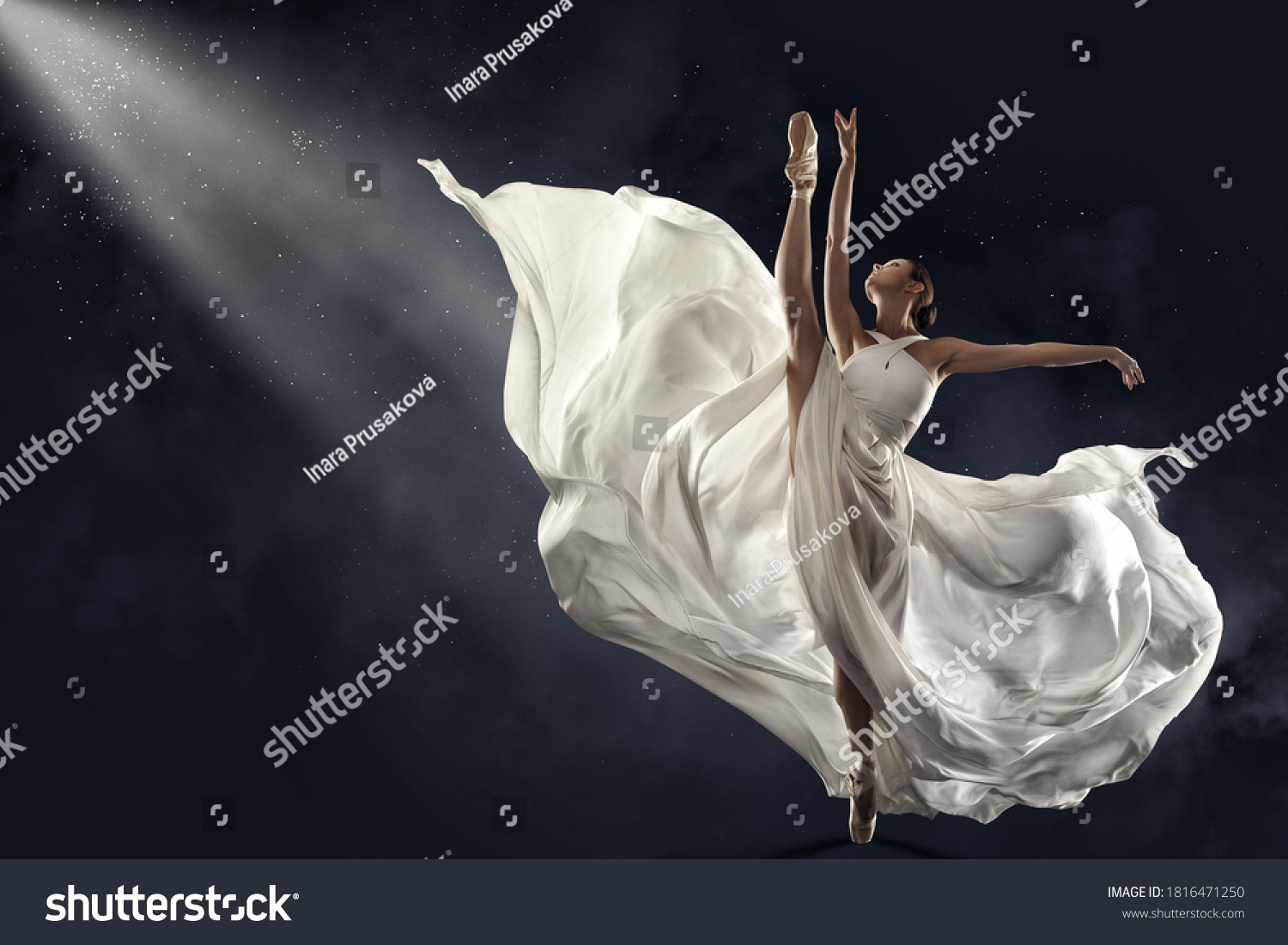 Ballerina Jumping in White Silk Dress, Modern Ballet Dancer in Pointe Shoes, Fluttering Waving Cloth, Gray Background #1816471250