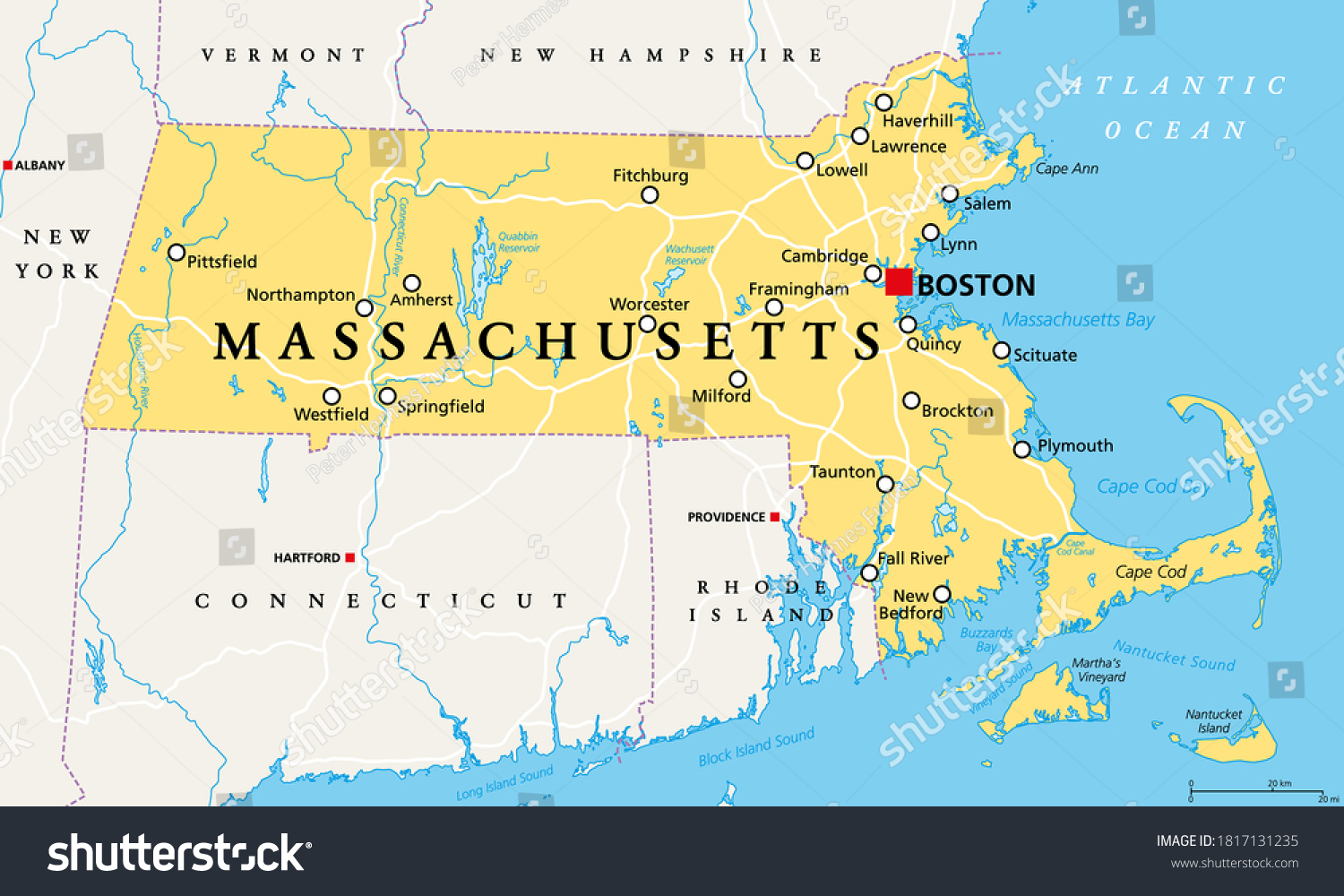 Massachusetts, political map with capital Boston - Royalty Free Stock 