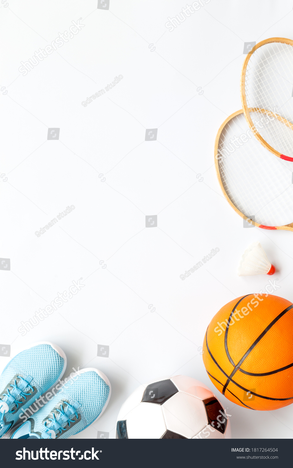 Set of sport games balls and equipment on white baclground. Top view copy space #1817264504
