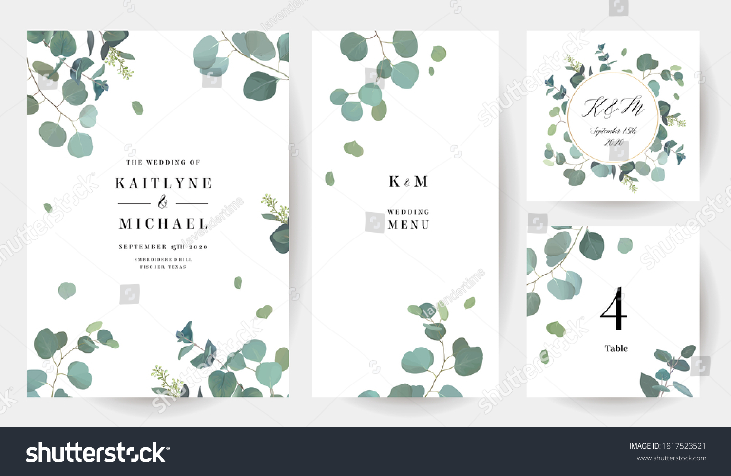 Herbal eucalyptus selection vector frames. Hand painted branches, leaves on white background. Greenery wedding simple minimalist  invitations. Watercolor style cards.Elements are isolated and editable #1817523521