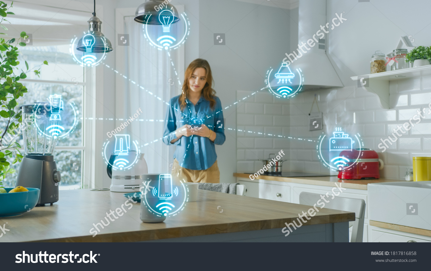 Internet of Things Concept: Young Woman Using Smartphone in Kitchen. She controls her Kitchen Appliances with IOT. Graphics Showing Digitalization Visualization of Connected Home Electronics Devices #1817816858
