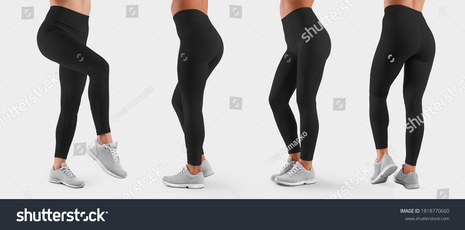 Template of stretch women clothes on the slender legs of the girl, for the presentation of design and pattern. A set of black pants for sports and fitness. Mockup leggings isolated on background #1818770660
