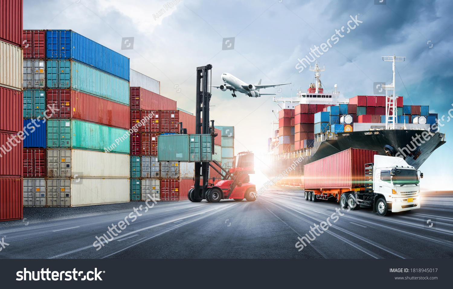 Business logistics and transportation concept of containers cargo freight ship and cargo plane in shipyard at dramatic blue sky, logistic import export and transport industry background #1818945017