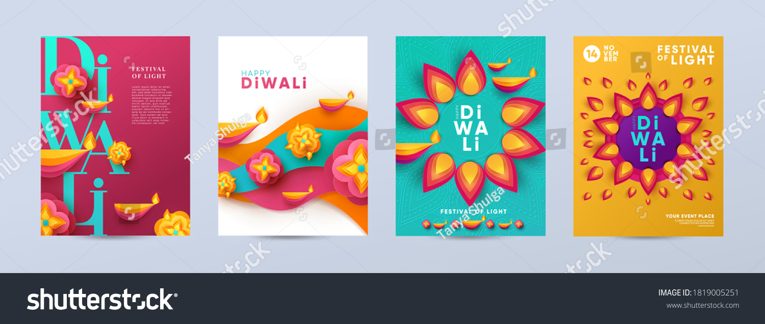 Happy Diwali Hindu festival modern design set in paper cut style with oil lamps on colorful waves and beautiful flowers of lights. Holiday background for branding, card, banner, cover, flyer or poster #1819005251