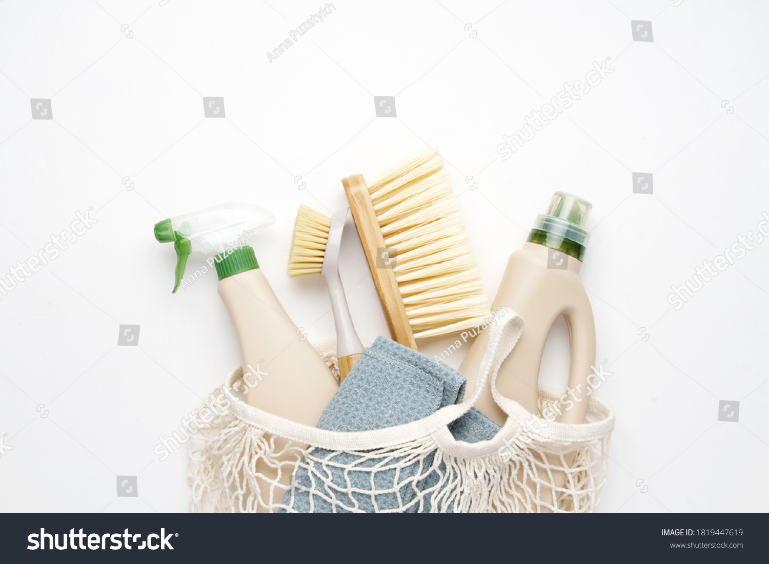 Eco brushes and rag on white background. Flat lay eco cleaning products. Cleaner concept  #1819447619
