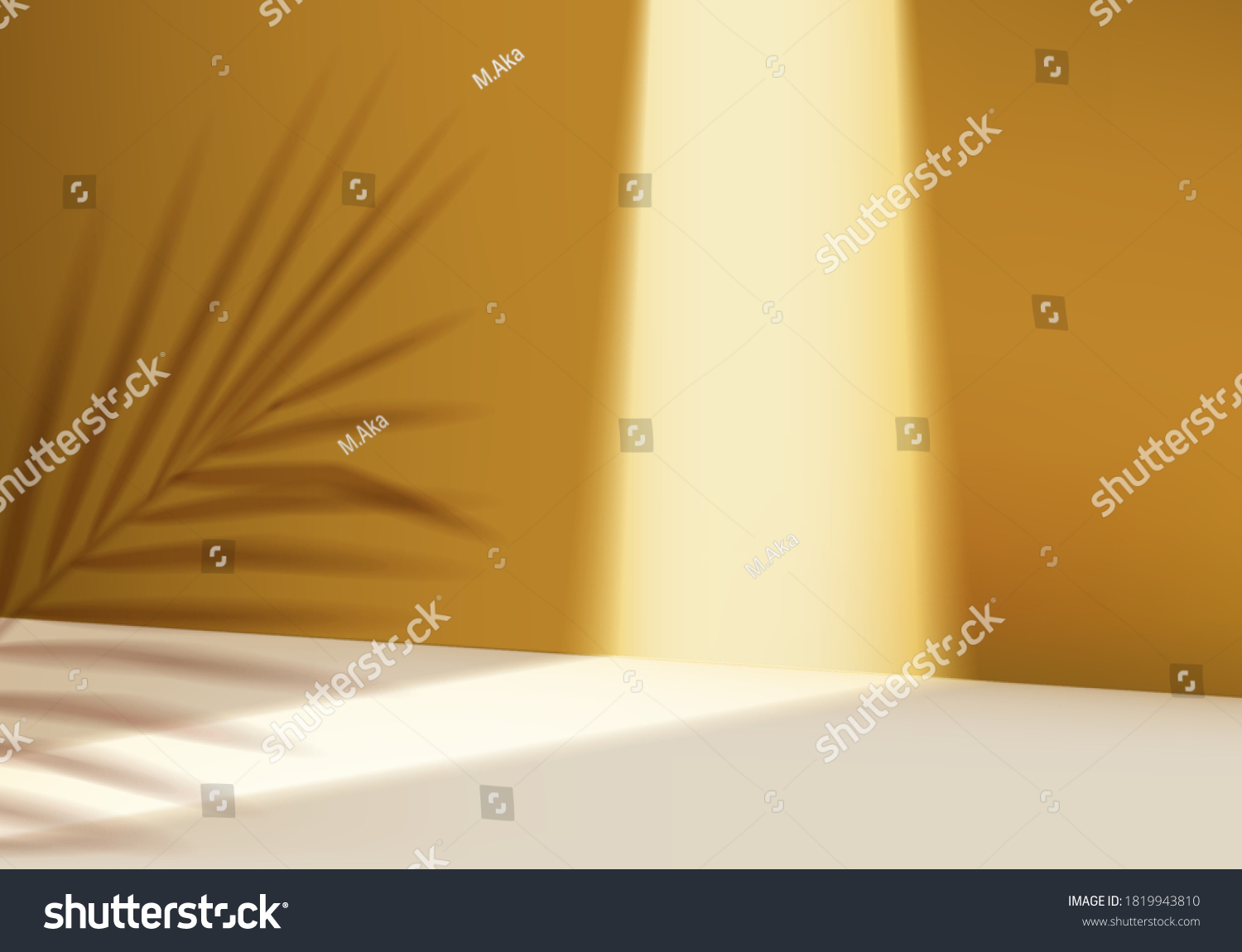 3d cosmetic pedestal scene with leaf spotlight platform. yellow background vector 3d rendering with scene. stand for cosmetic product. Stage showcase on pedestal illuminating 3d studio yellow scene #1819943810