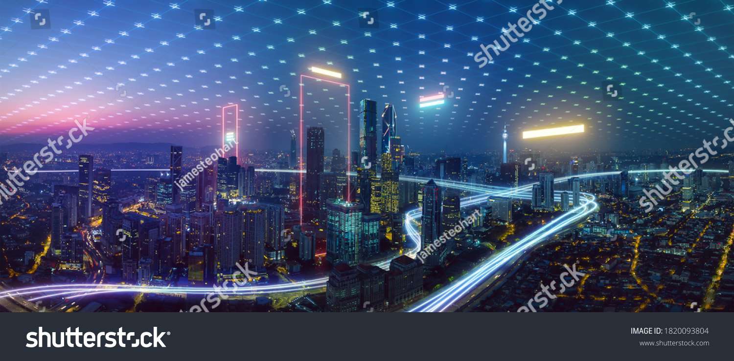 Smart city and abstract polygon pattern connection with speed line light, big data connection technology concept . #1820093804