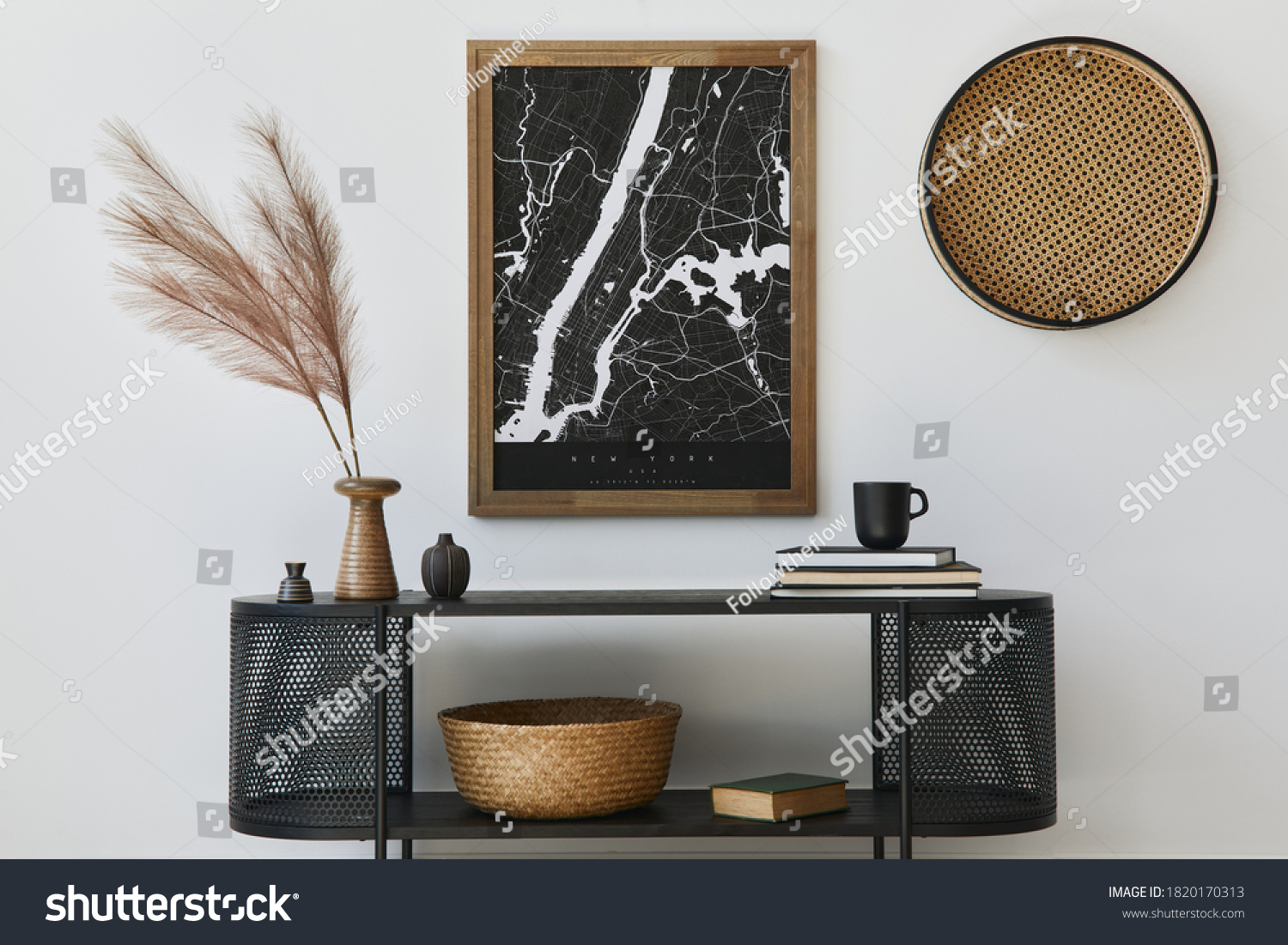 Modern scandinavian home interior with design wooden commode, mock up poster map, feather in vase, book and personal accessories in stylish home decor. Template. #1820170313