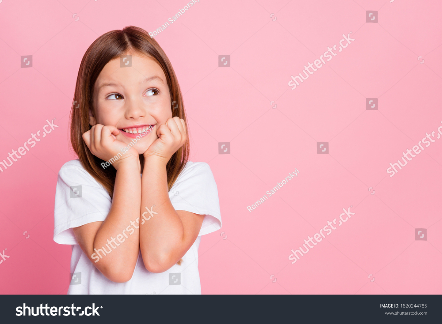 Close-up portrait of her she nice-looking attractive lovely sweet curious cheerful cheery smart clever girl creating new idea solution fantasize copy space isolated pink pastel color background #1820244785