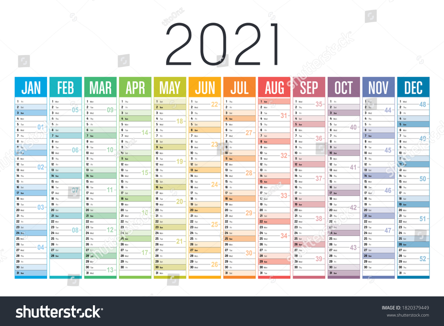Year 2021 one page colorful calendar, on white background. Vector template. #1820379449