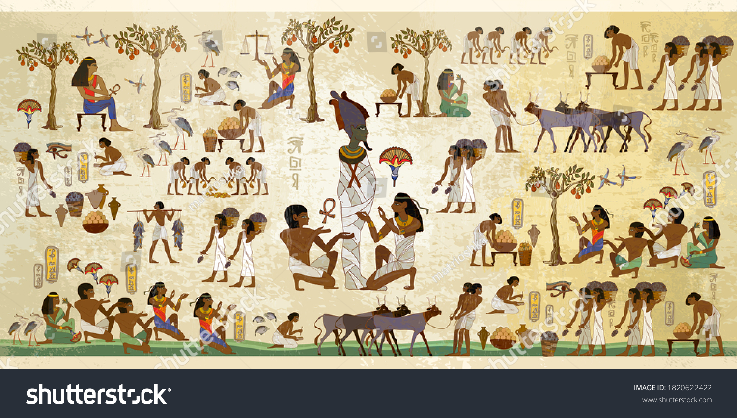 Life in ancient Egypt, frescoes. Egyptians history art. Hieroglyphic carvings on exterior walls of an old temple. Agriculture, workmanship, fishery, farm  #1820622422