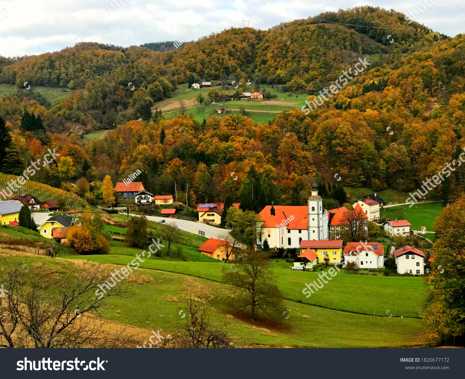 Beautiful idyllic rural landscape, Slovenia. Picturesque idyllic village of Olimje. Scenic slovenian countryside. Green hills. Autumn forest. Stunning nature. Wonderful peaceful land. Natural beauty.