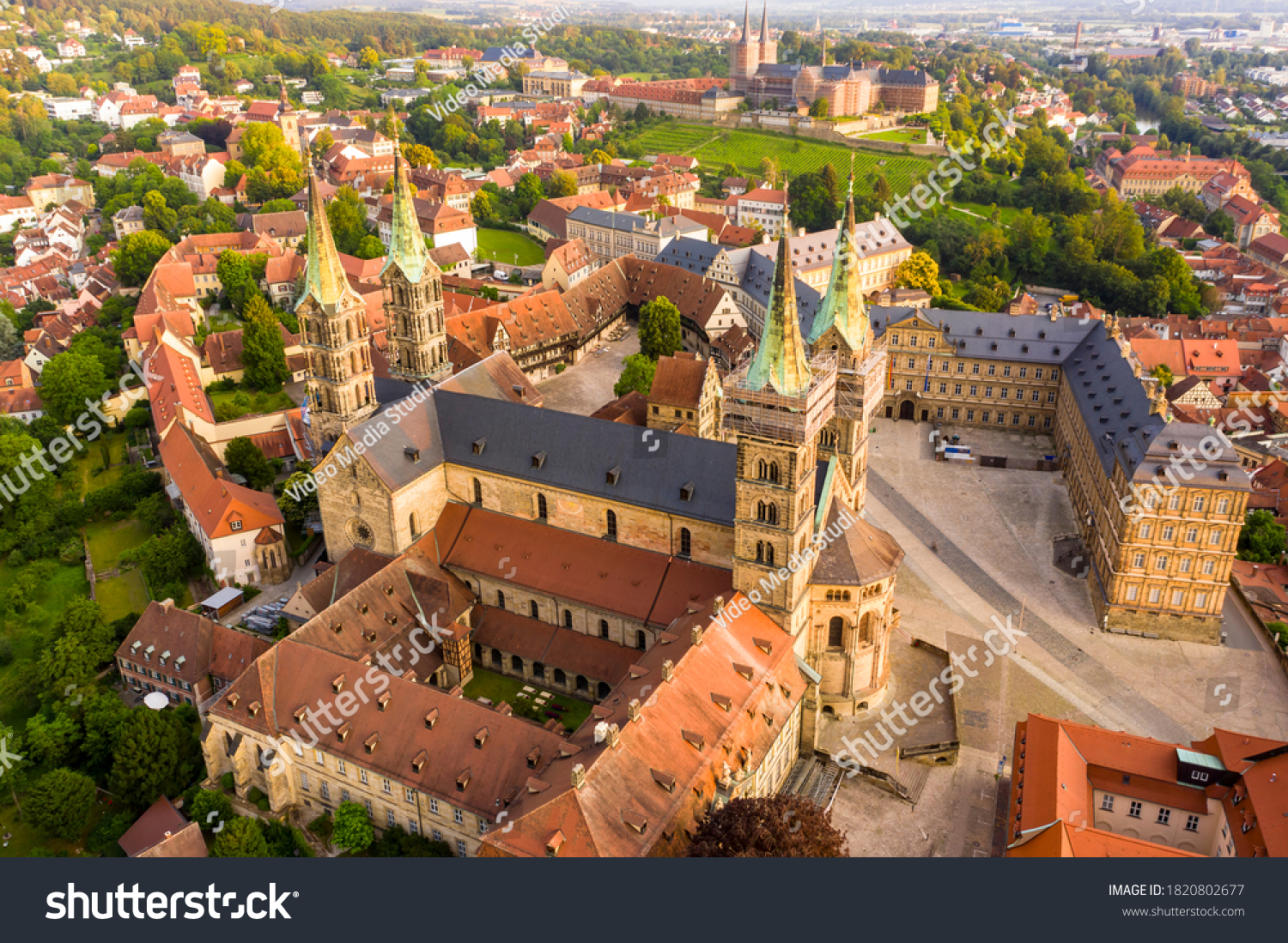 Aerial view, Bamberg Cathedral with new residence, Bamberg, Upper Franconia, Bavaria, Germany, #1820802677