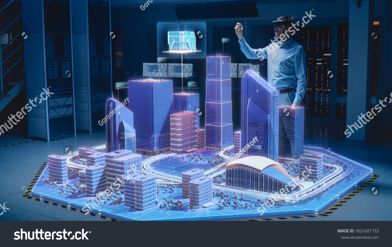 Industry 4.0: Modern Professional Architect Wearing Virtual Reality Headset Uses Gestures to Design, Manipulate Buildings for 3D City. Mixed Augmented Reality Software. VFX Special Visual Effect #1821601733