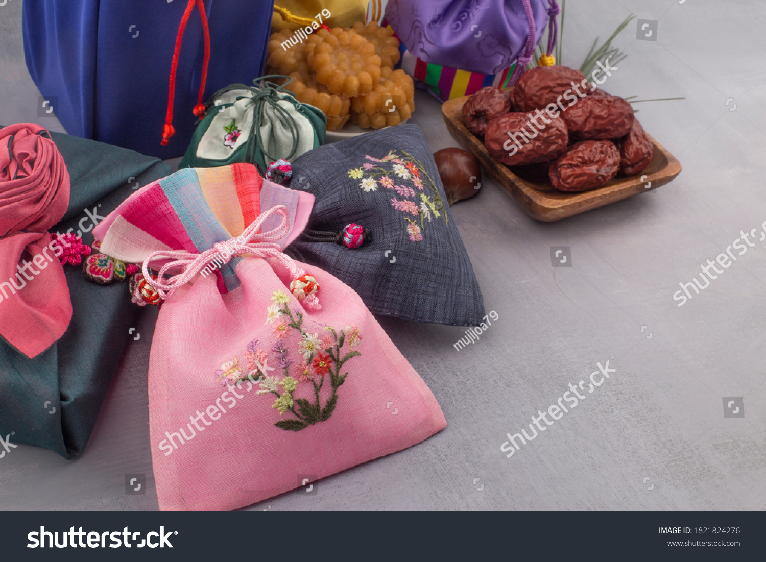 Korean traditional lucky bag and wrapping gift background. #1821824276