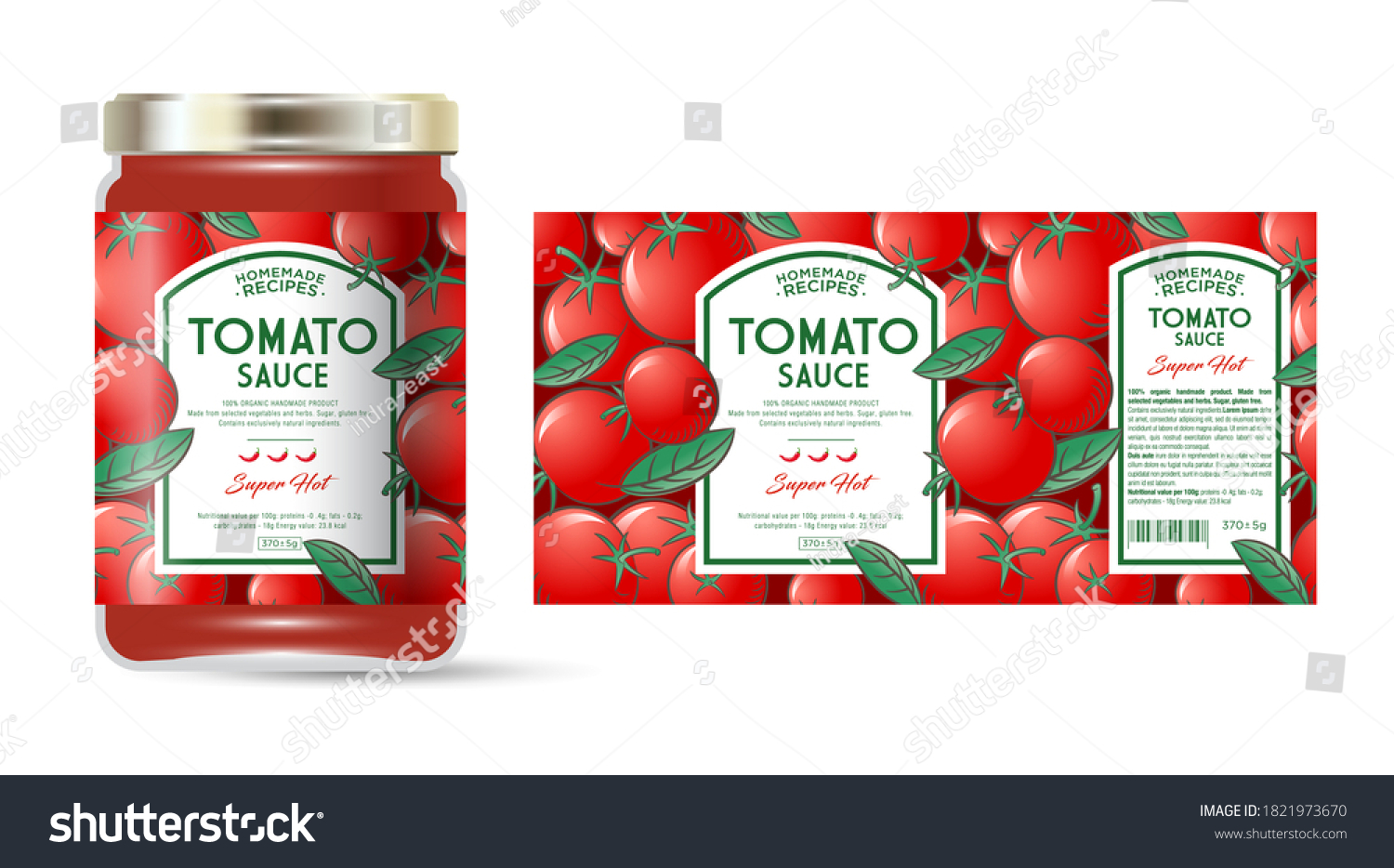 Label and packaging of tomato hot sauce with chili pepper. Jar with label. Text in frames on seamless pattern with ripe tomatoes and leaves. #1821973670