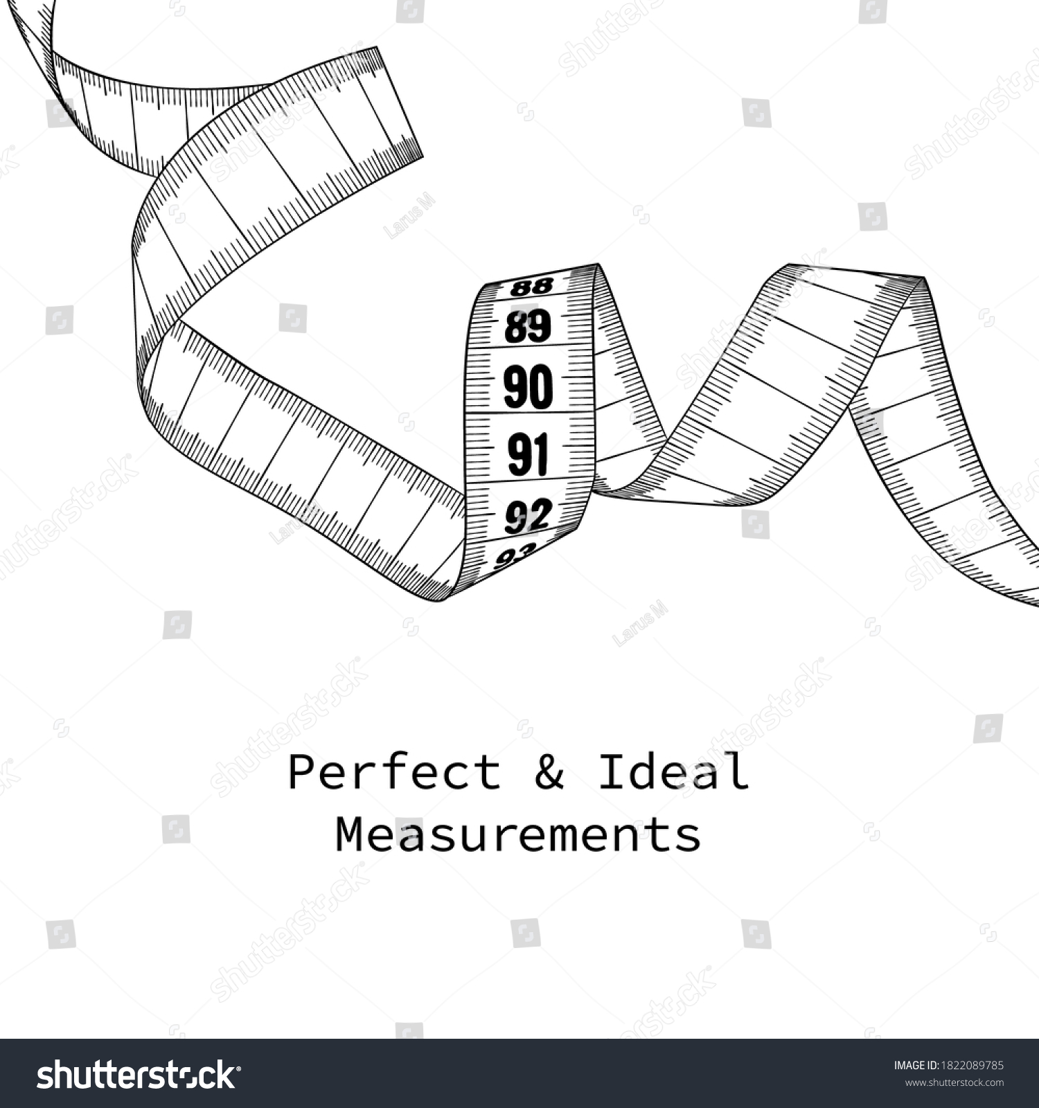 Measuring tape - concept illustration for body ideals. Easy to replace numbers with your own. B&W decorative design element. #1822089785
