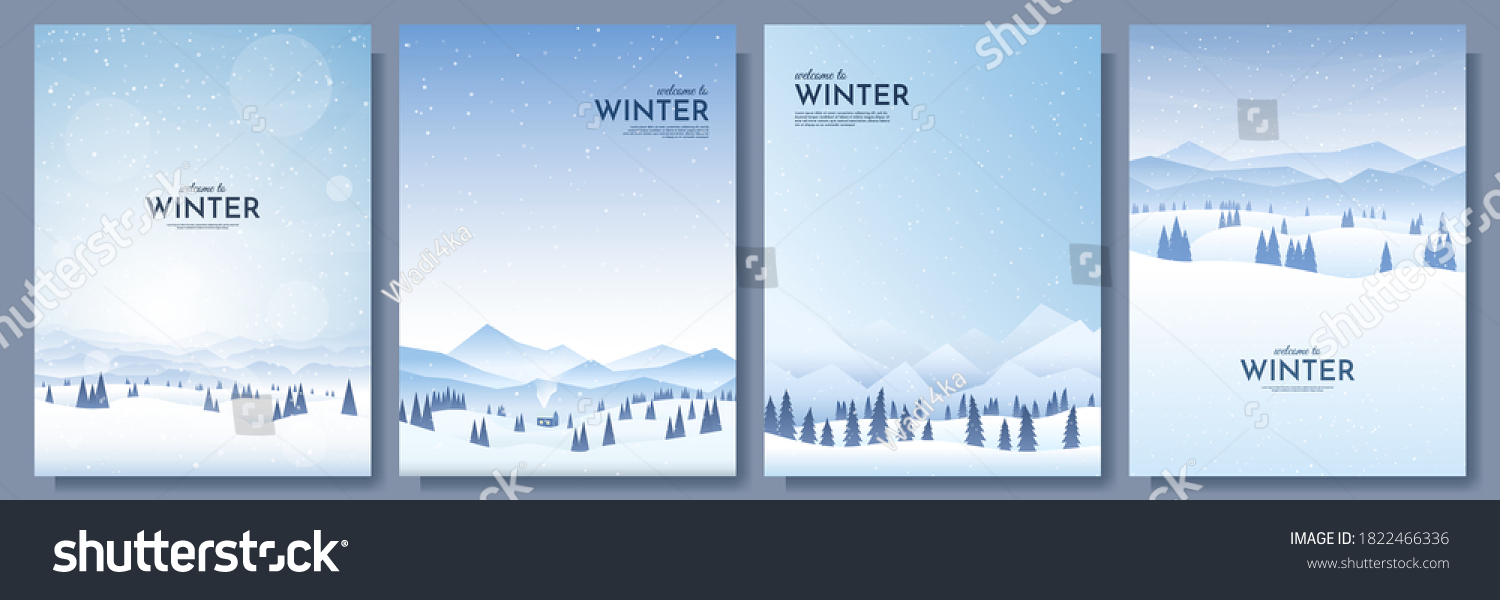 Vector illustration. Flat winter landscape. Snowy backgrounds. Snowdrifts. Snowfall. Clear blue sky. Blizzard. Snowy weather. Design elements for poster, book cover, brochure, magazine, flyer, booklet #1822466336