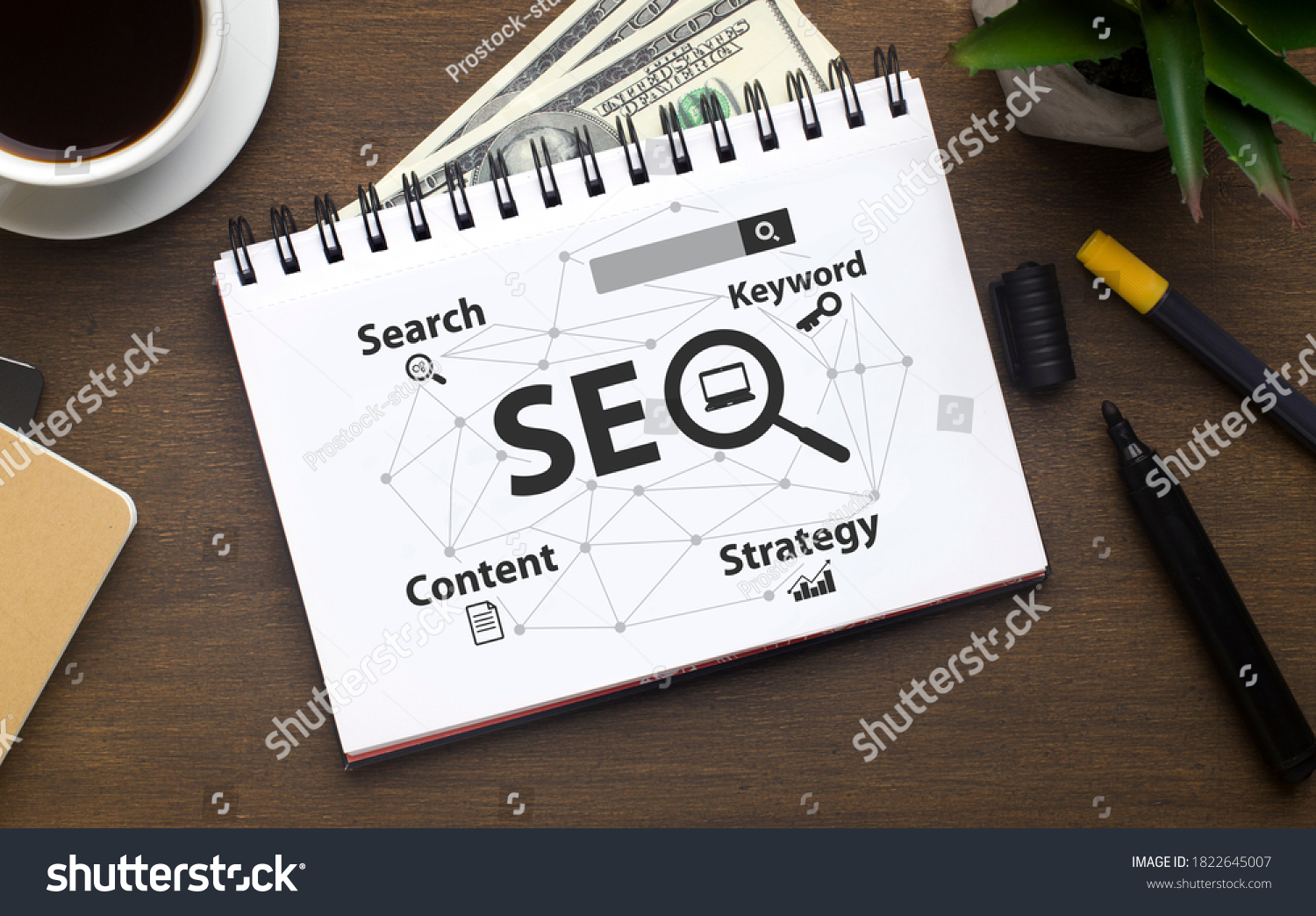 Seo Career. Opened Notebook With Seo-Optimization Scheme Lying Over Brown Office Table Background. Search Engine Optimization For Web Content, Internet Business Development Concept. Collage, Flat Lay #1822645007