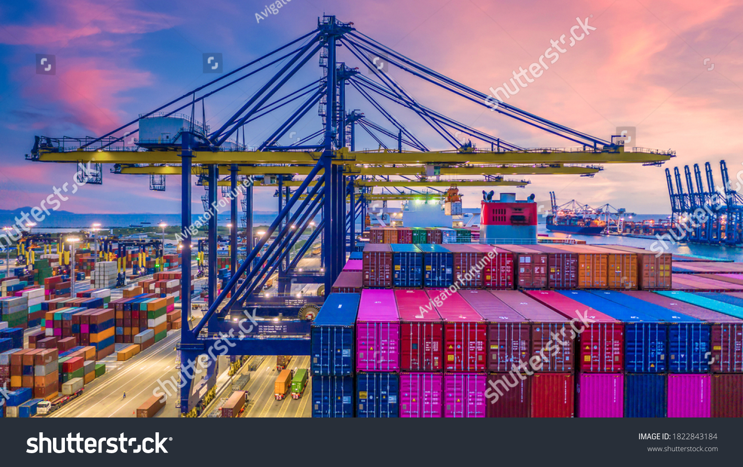 Container ship in deep sea port at night, Global business logistic import export freight shipping transportation oversea worldwide container ship, Container vessel loading cargo freight ship. #1822843184