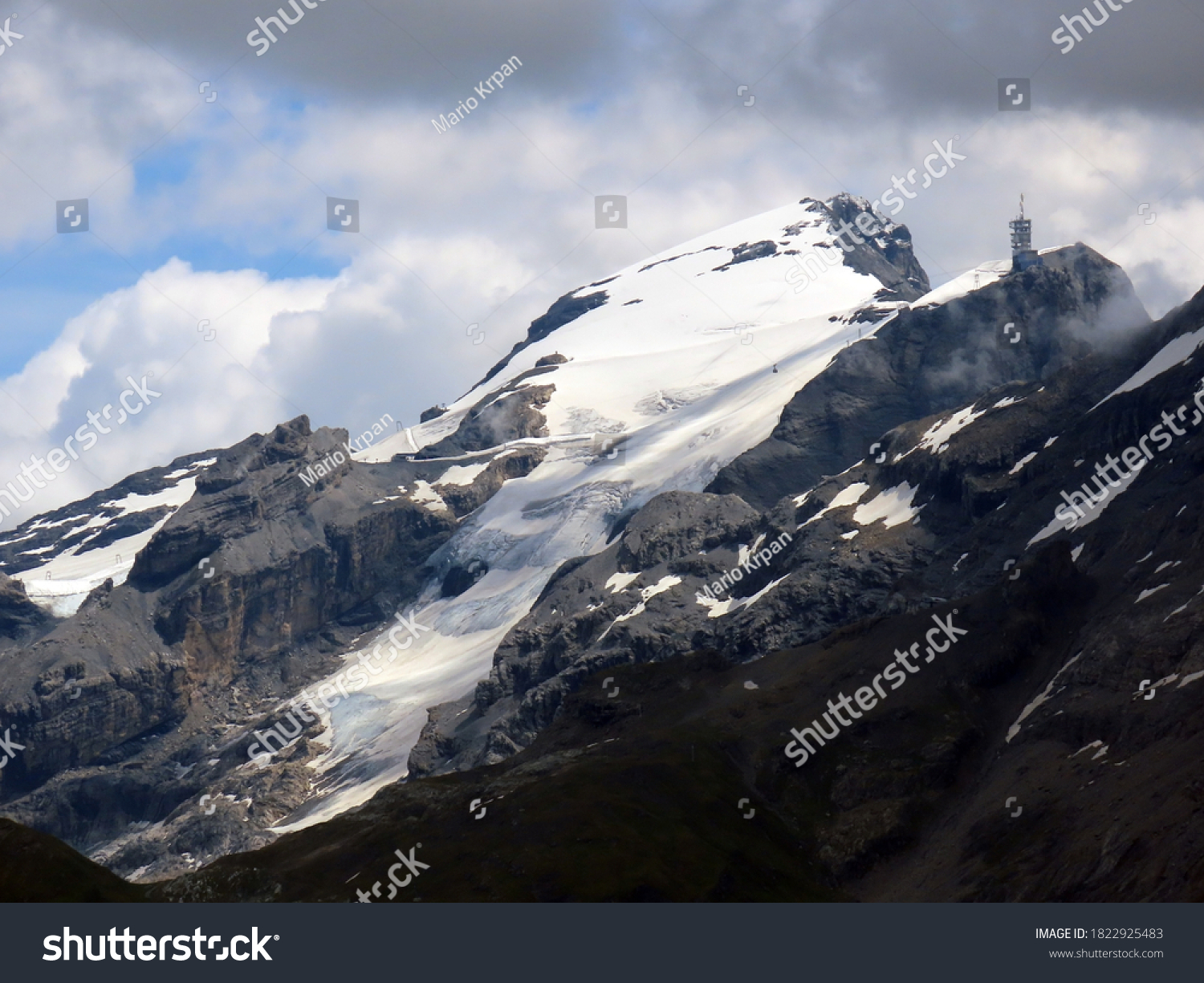Snowy alpine peaks Titlis and Small Titlis (Klein Titlis) with the eponymous glacier (Titlis-Gletscher) over the Engelbergertal valley Engelberg - Canton of Obwalden, Switzerland (Schweiz) #1822925483