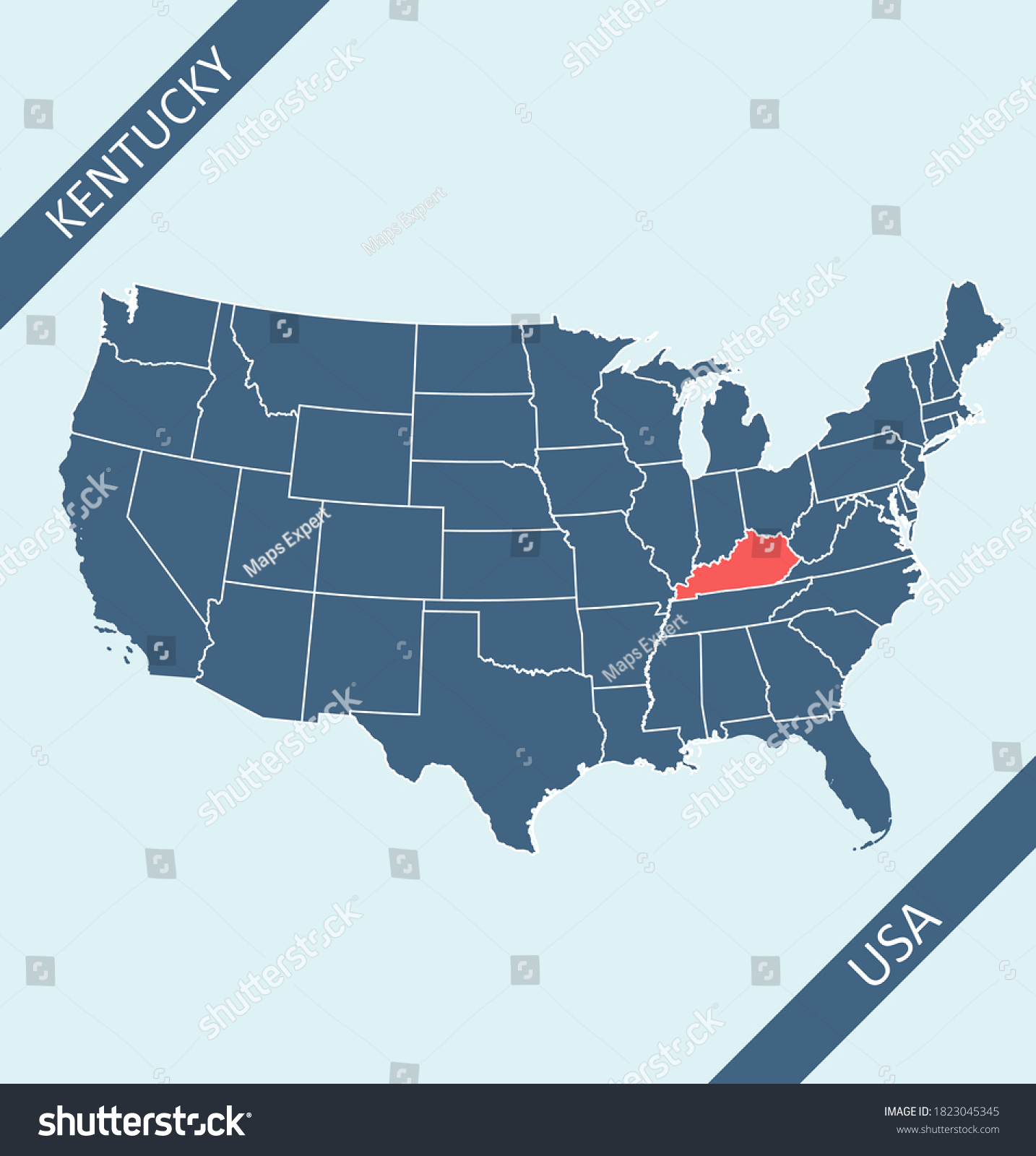 Kentucky highlighted on USA map - Royalty Free Stock Vector 1823045345 ...