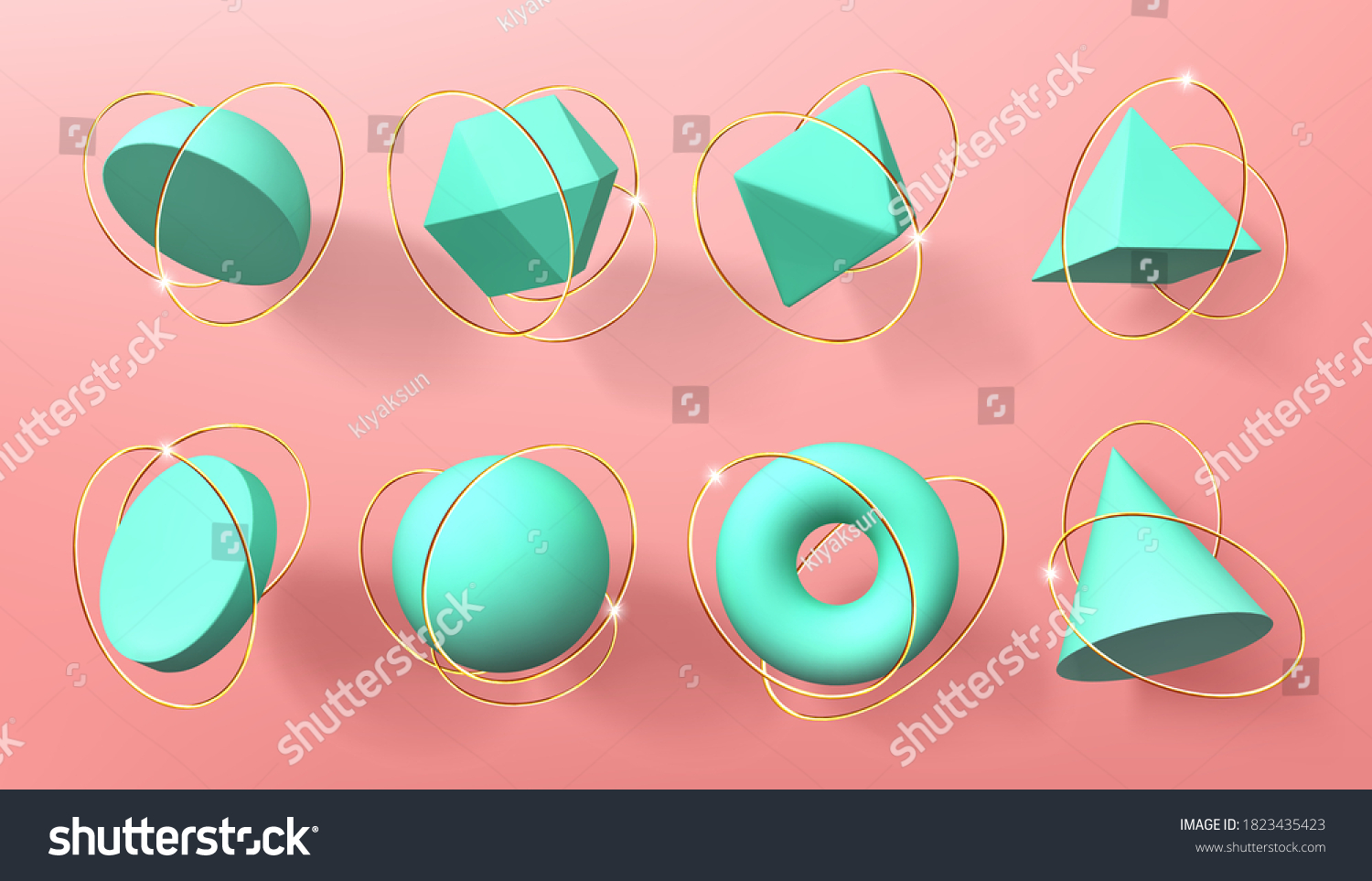 Turquoise 3d geometric shapes with golden rings. Vector realistic set of abstract render figures, sphere, cone, pyramid, octahedron and torus. Volumetric geometry forms isolated on pink background #1823435423