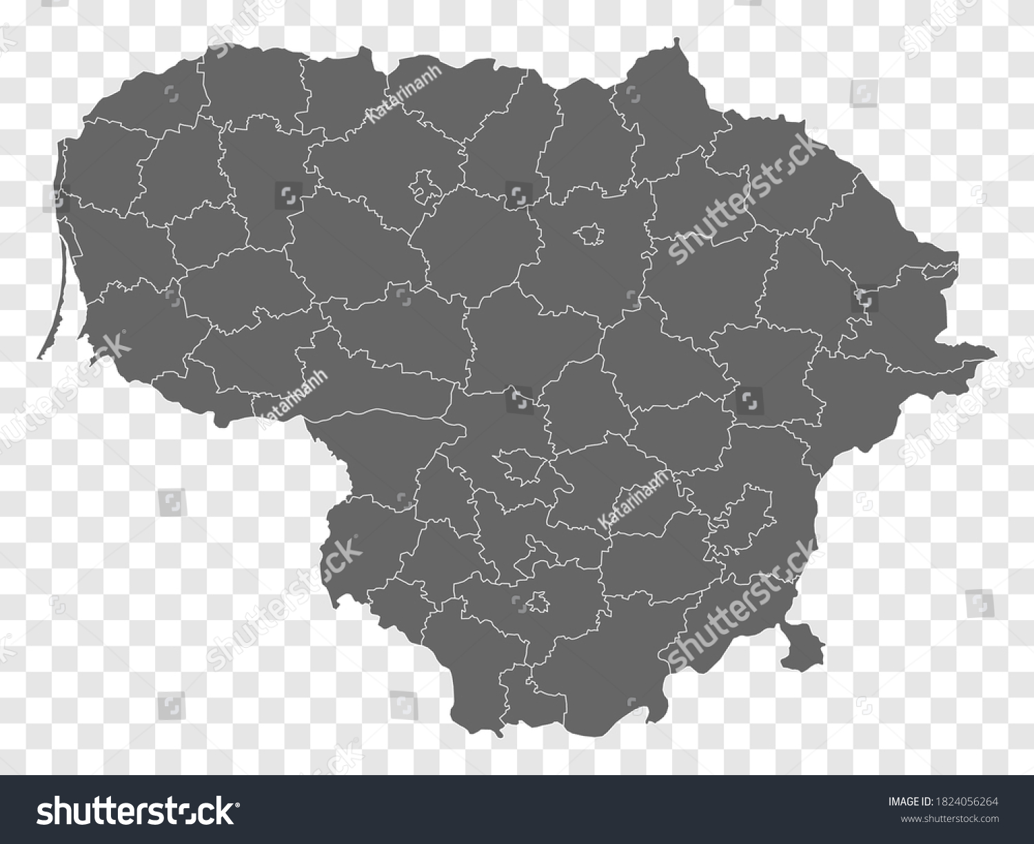 Blank map of Lithuania. Departments  and Districts of Lithuania map. High detailed gray vector map of Republic of Lithuania on transparent background for your design. EPS10. 
