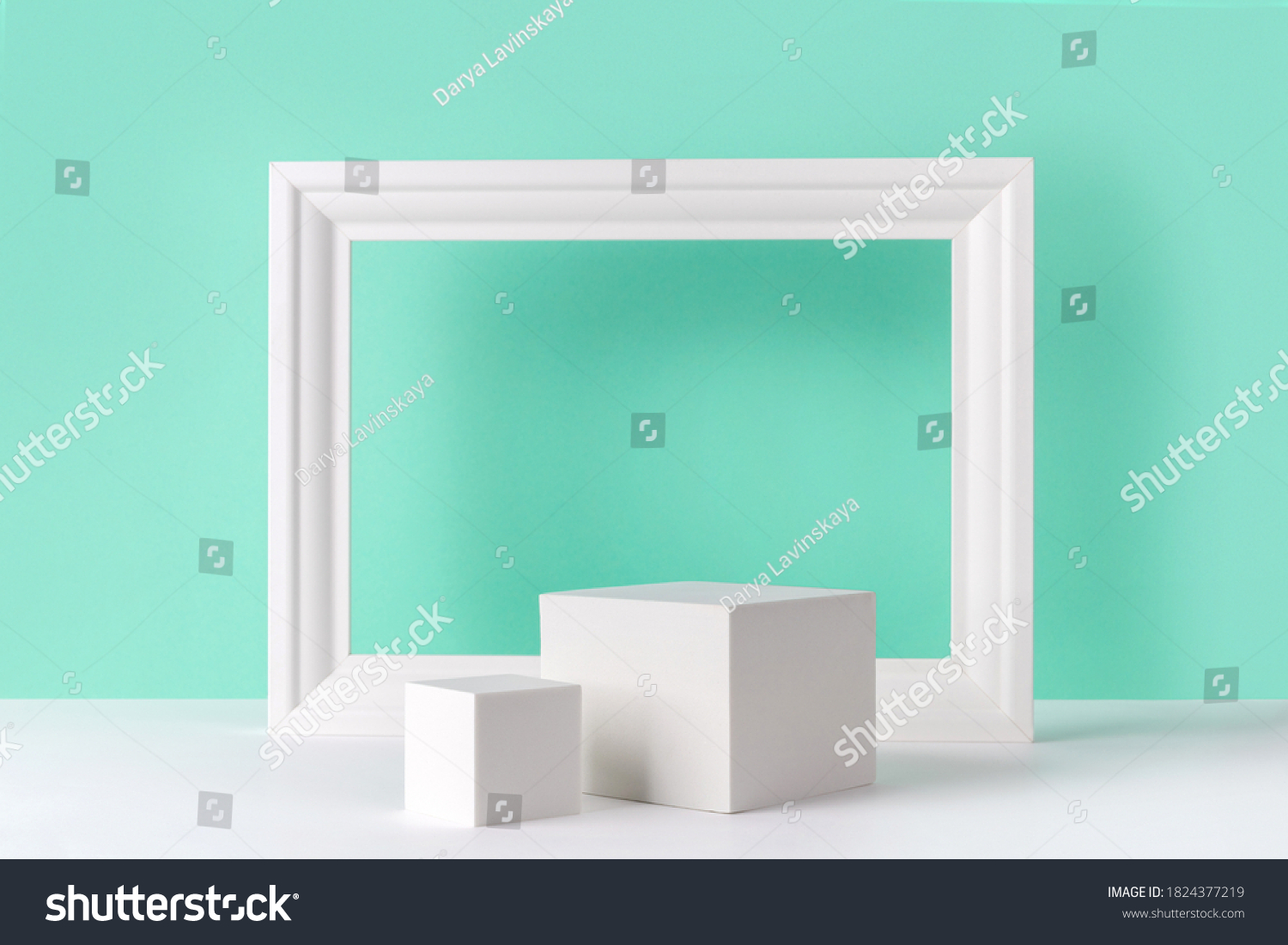 Mock up background with podium for product display and frame. Blank product stand in minimal slyle on turquoise background. #1824377219