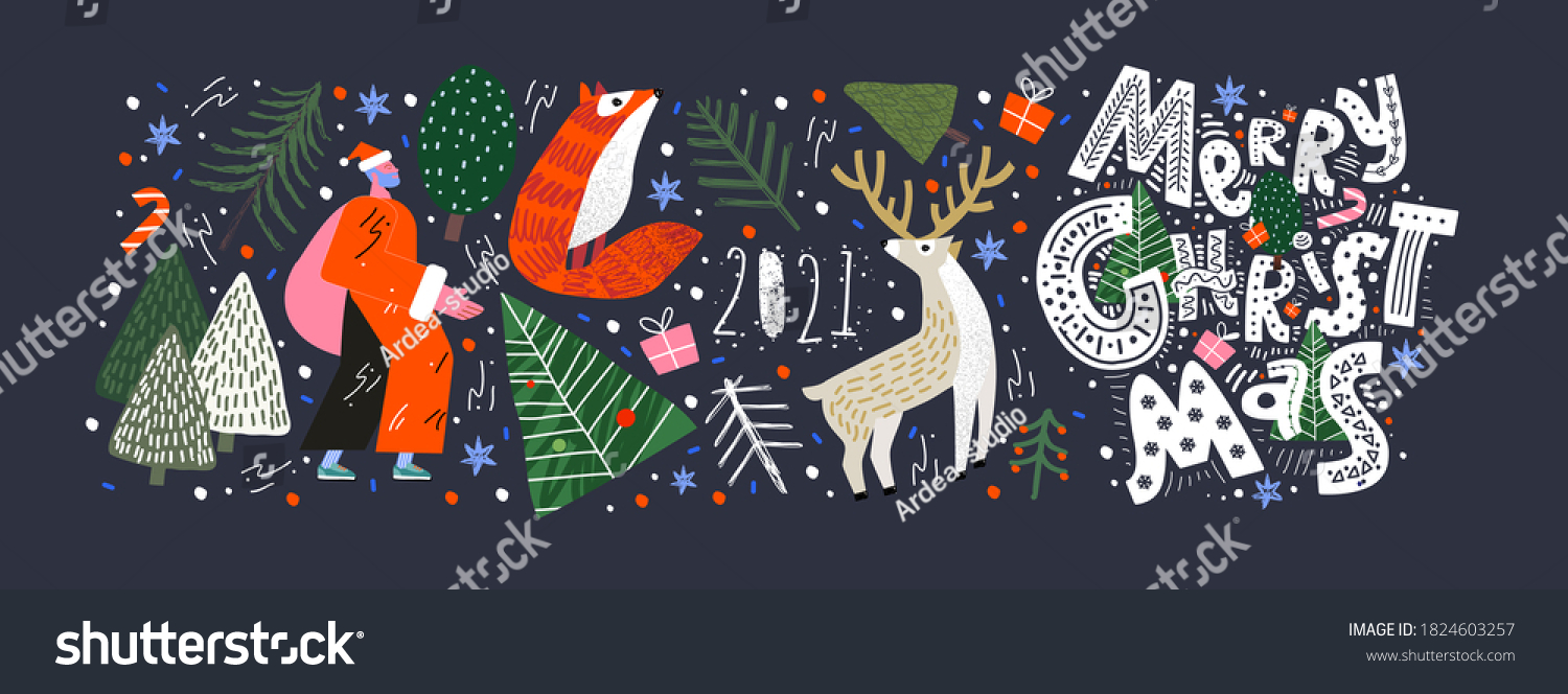 Merry Christmas and Happy New Year! 2021! Vector trendy abstract illustrations and objects: forest, santa claus, fox, deer, lettering, christmas tree and pine. Drawings for poster and postcard #1824603257