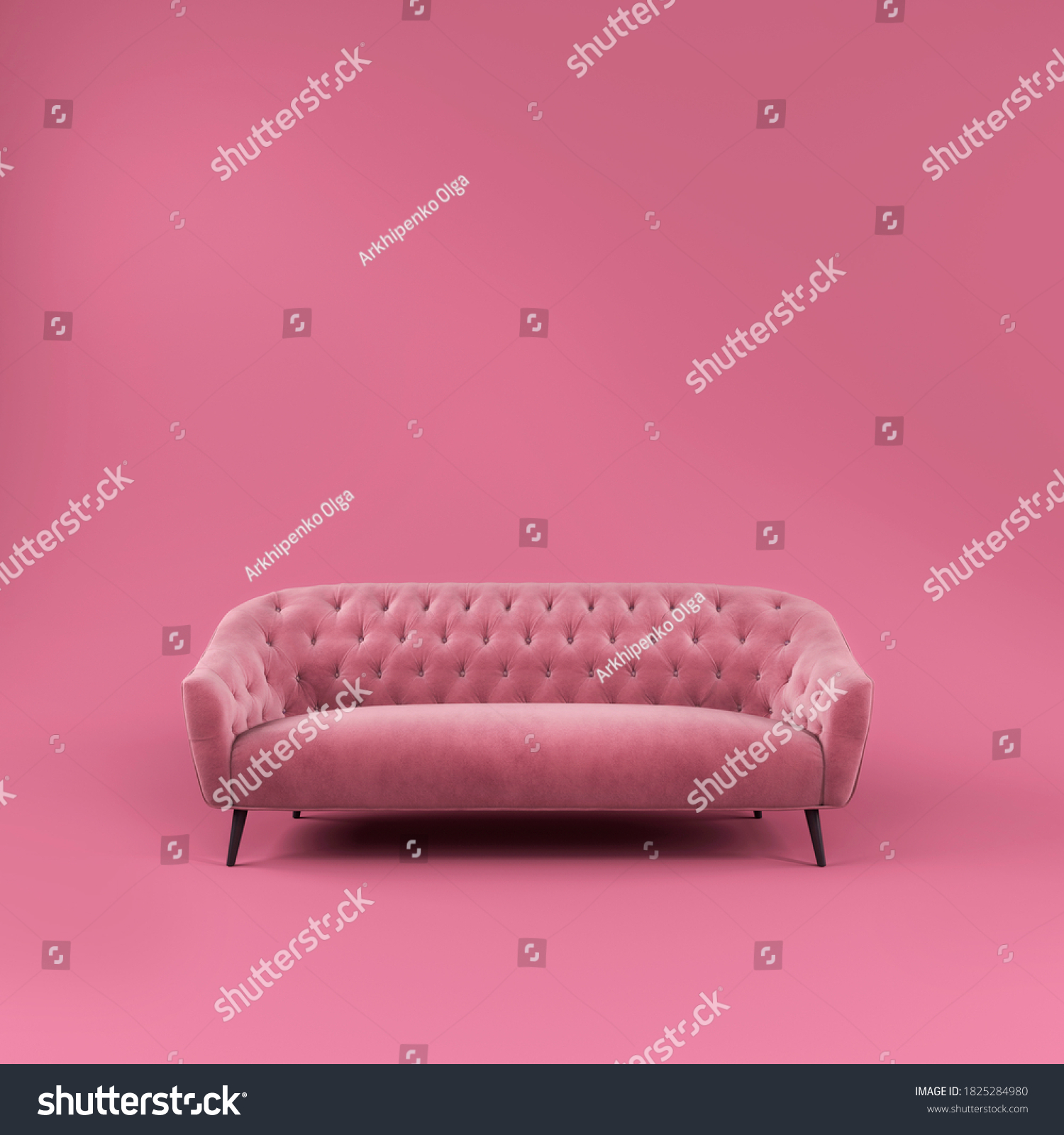 Fashionable comfortable stylish pink fabric sofa with black legs on pink background with shadow. Pink interior, showroom, single piece of furniture. Vilyura, velvet sofa. Luxury couch front view #1825284980