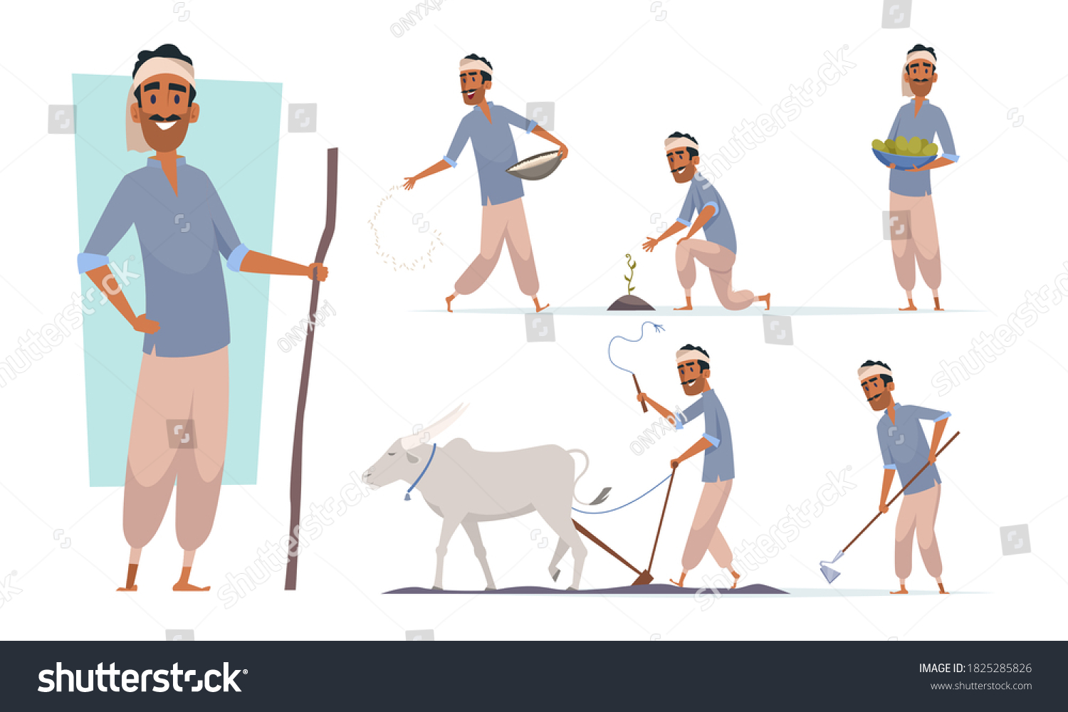 Indian farmer. India village cheering characters working with cow harvesting bangladesh people vector #1825285826