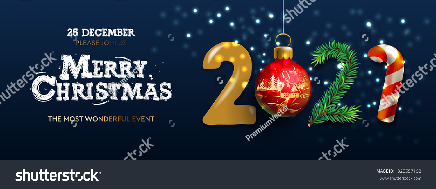 Merry Christmas and Happy New Year 2021 banner, Xmas festive decoration. Horizontal Christmas posters, cards, headers, website. Vector illustration
 #1825557158