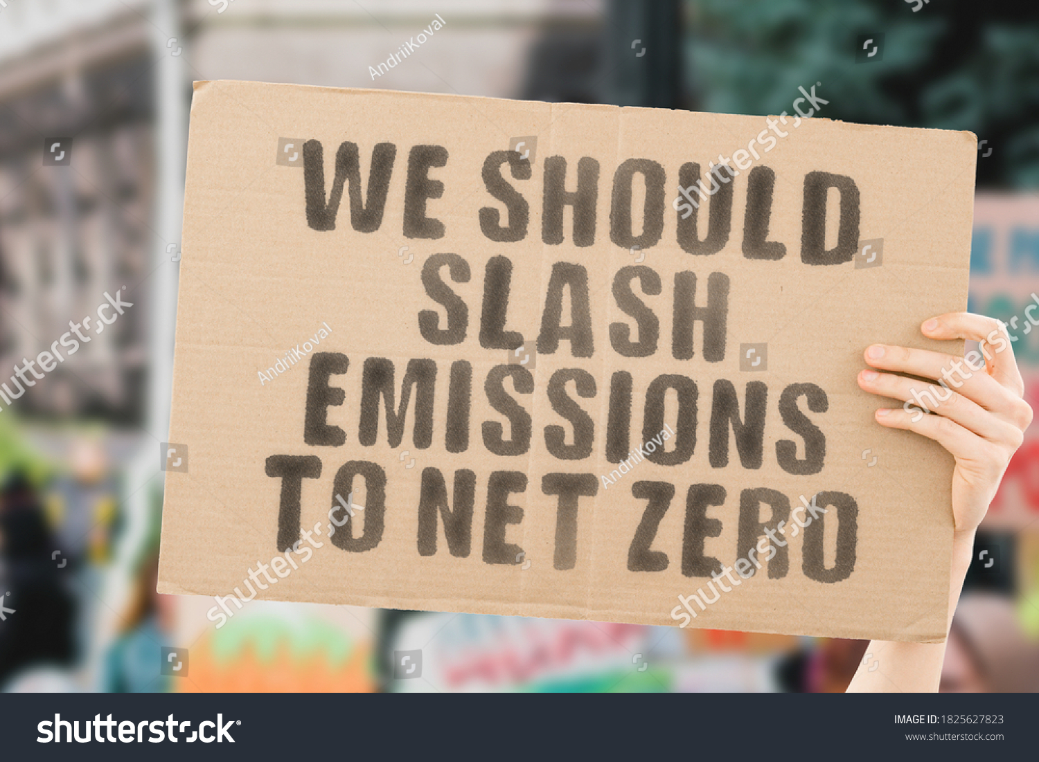 The phrase " We should slash emissions to net zero " on a banner in men's hand with blurred background. Ecology. Industry. Technology. Pollution. CO2. Global warming. Decrease #1825627823