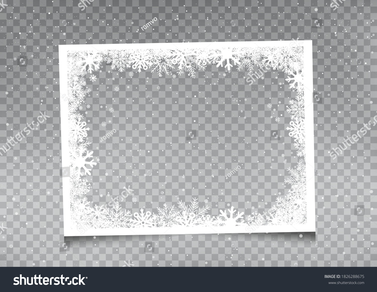 Snowy rectangular frame template on gray transparent background. Christmas snowflakes holiday ice ornament banner #1826288675