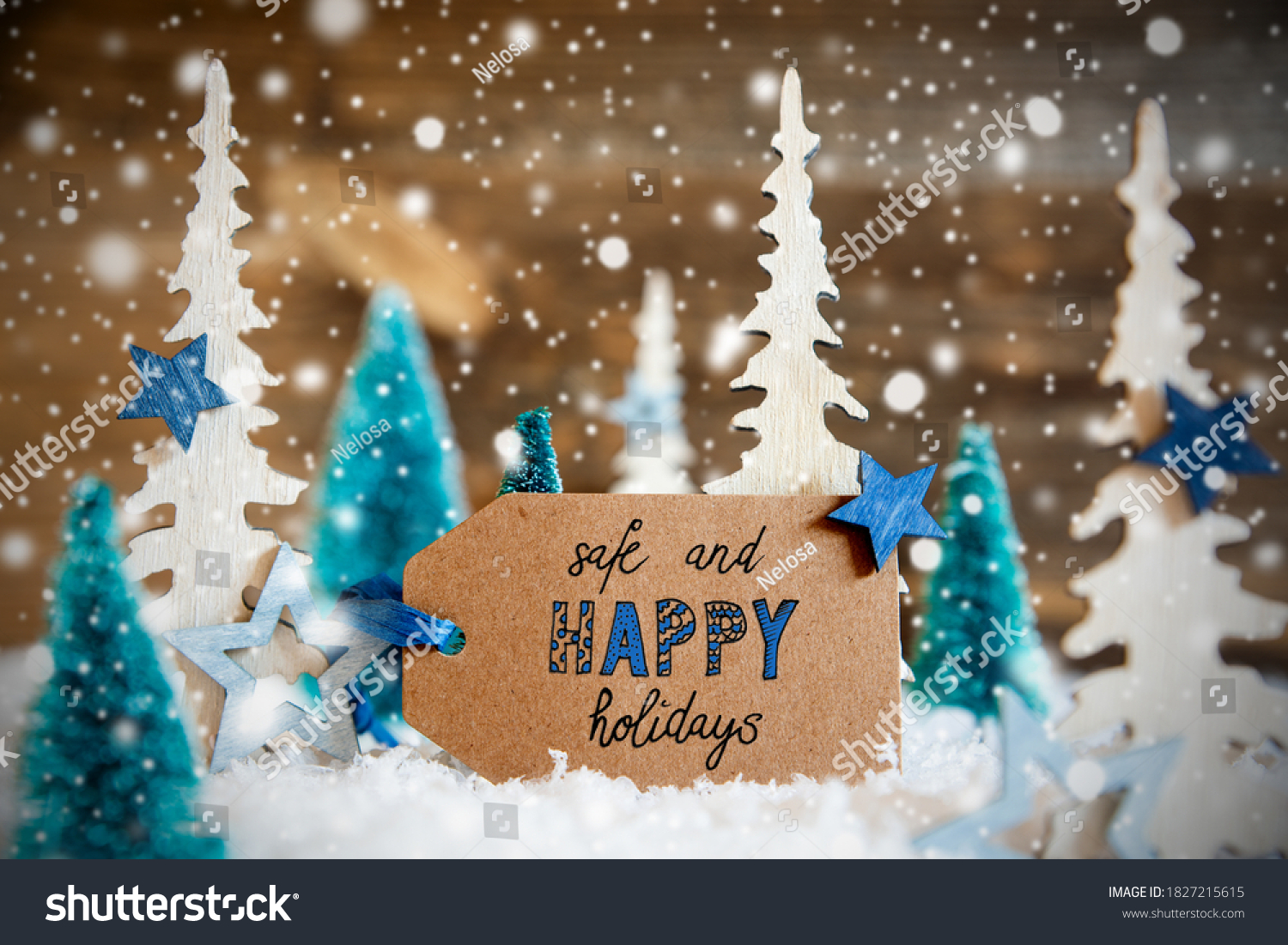 Christmas Trees, Snow, Label With Text Safe And Happy Holidays, Snowflakes #1827215615