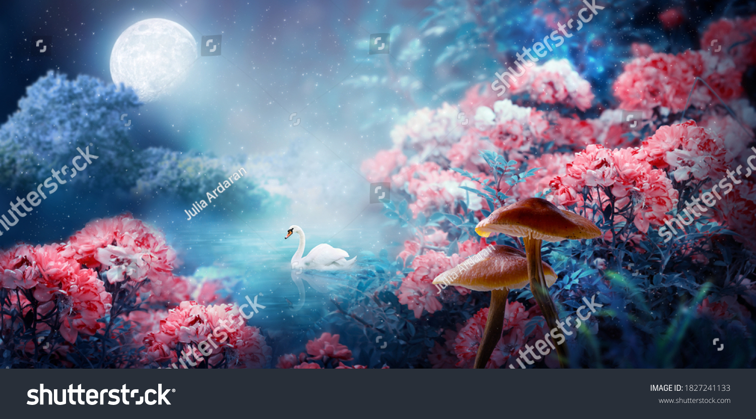 Fantasy magical enchanted fairy tale landscape with swan swimming in lake, fabulous fairytale blooming pink rose flower garden and mushrooms on mysterious blue background and glowing moon ray in night #1827241133