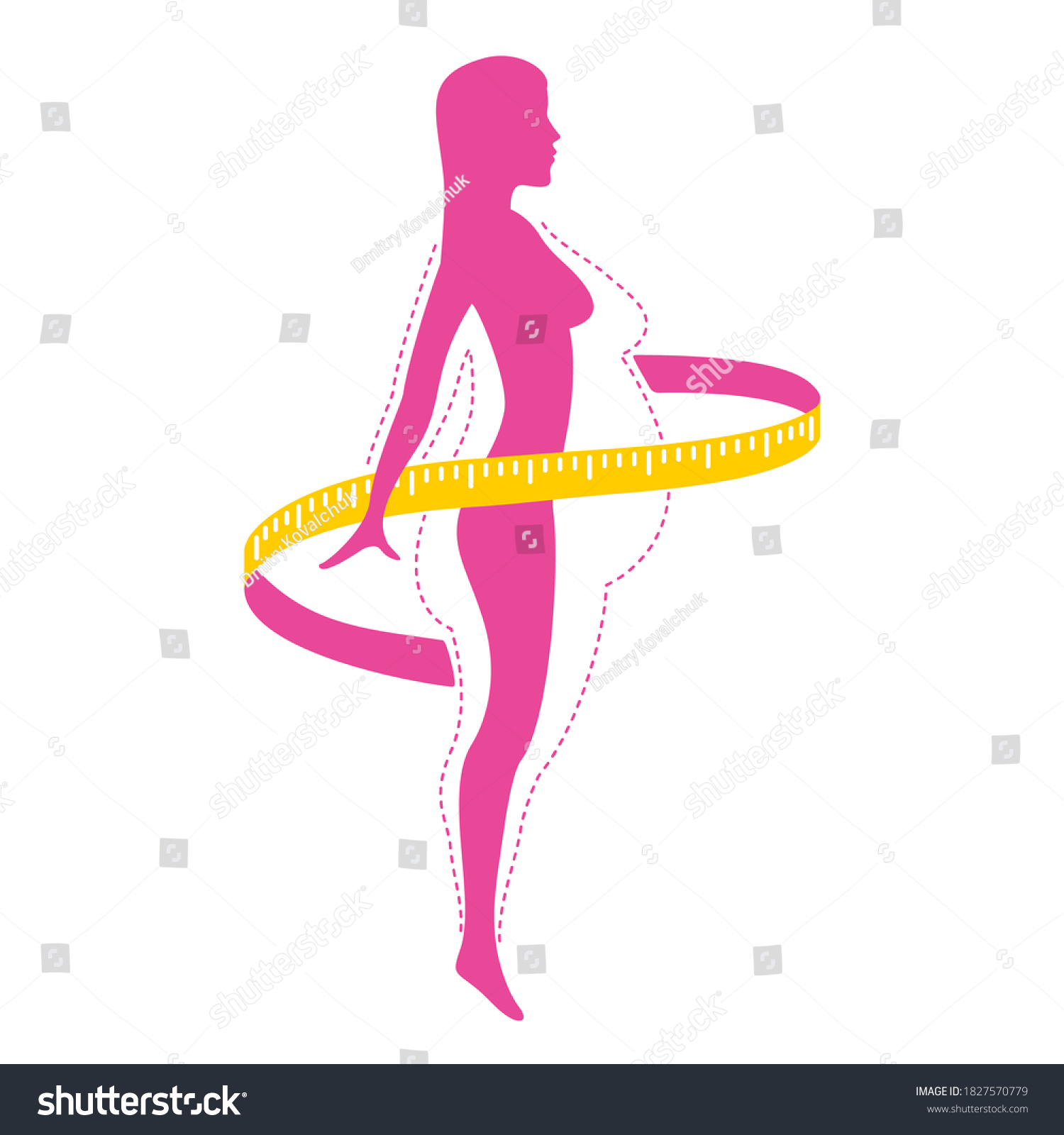 Weight loss program logo (isolated icon) - female silhouette with fat and slim body comparsion and measuring tape around #1827570779