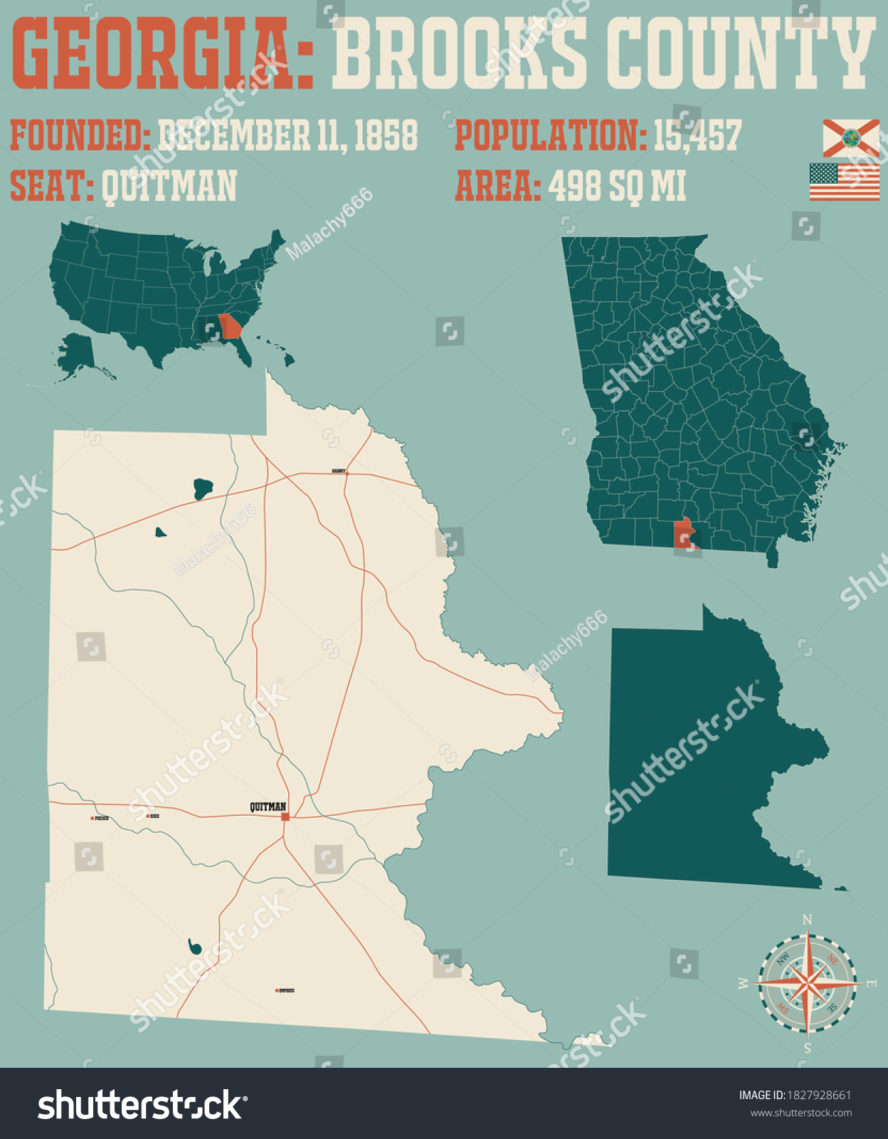 Large and detailed map of Brooks county in - Royalty Free Stock Vector ...