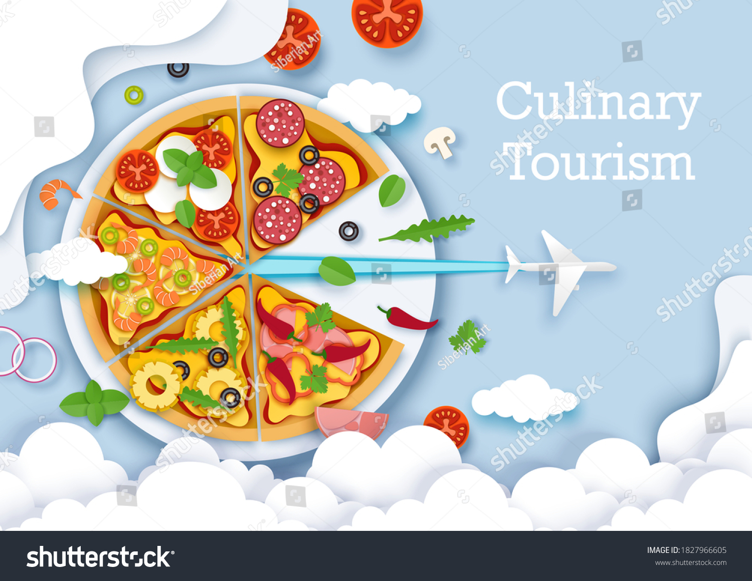Culinary tourism vector poster, banner template. Paper cut plane flying out of big delicious italian pizza. Gastronomic tour. Travel food experience. Italian traditional food. World culinary tours. #1827966605