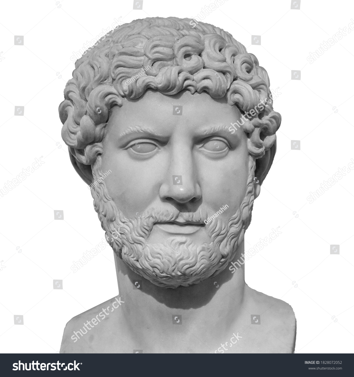 Head and shoulders detail of the ancient man with beard sculpture. Antique face with whiskers statue isolated on white background #1828072052