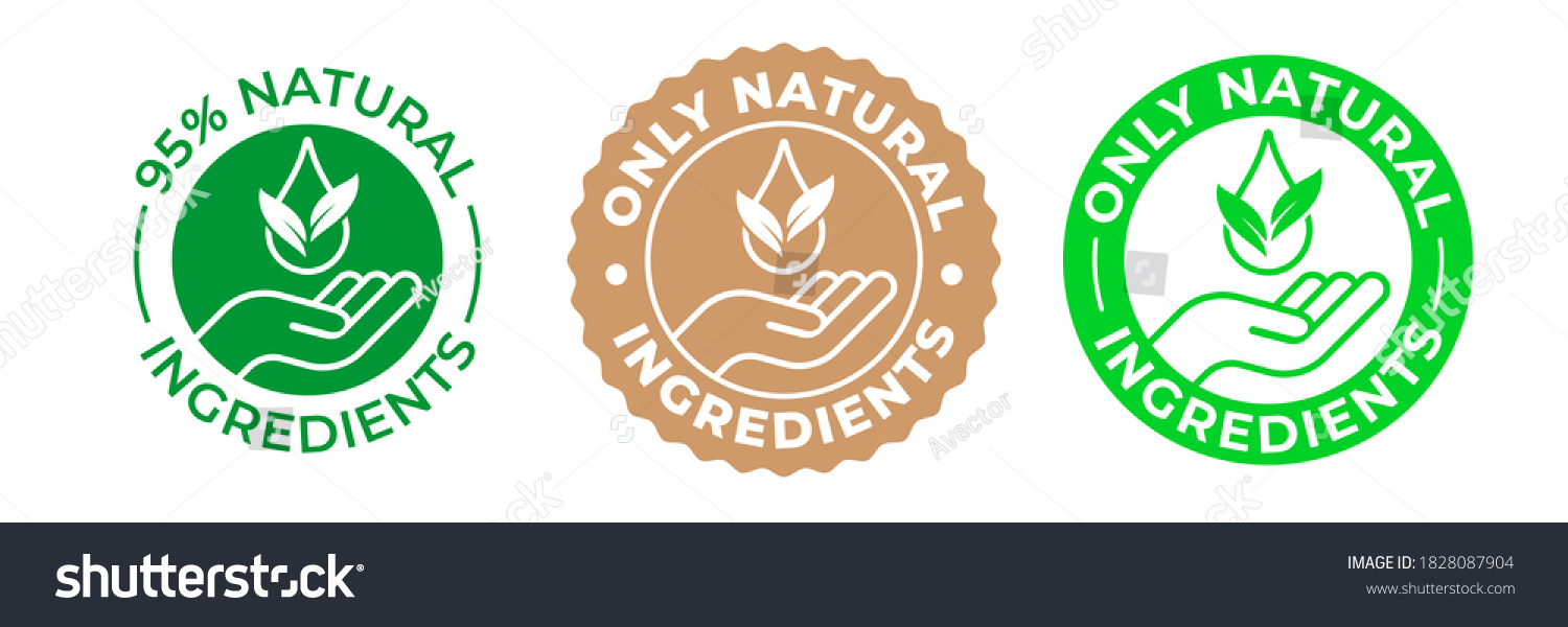 Natural ingredients product icon, green organic bio vector logo with hand, leaf and drop. 95 percent natural ingredients, pure eco label stamp for products package, GMO free and no paraben certificate #1828087904