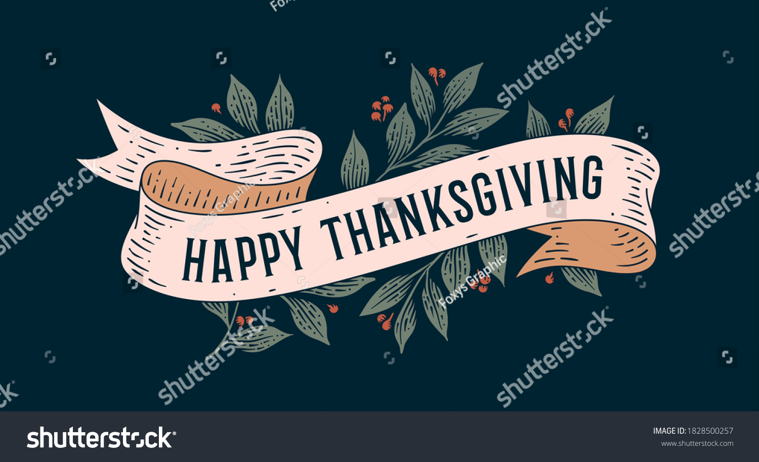 Happy Thanksgiving. Retro greeting card with ribbon and text happy thanksgiving. Old ribbon banner in engraving style for Happy Thanksgiving Day. Old school vintage ribbon. Vector Illustration