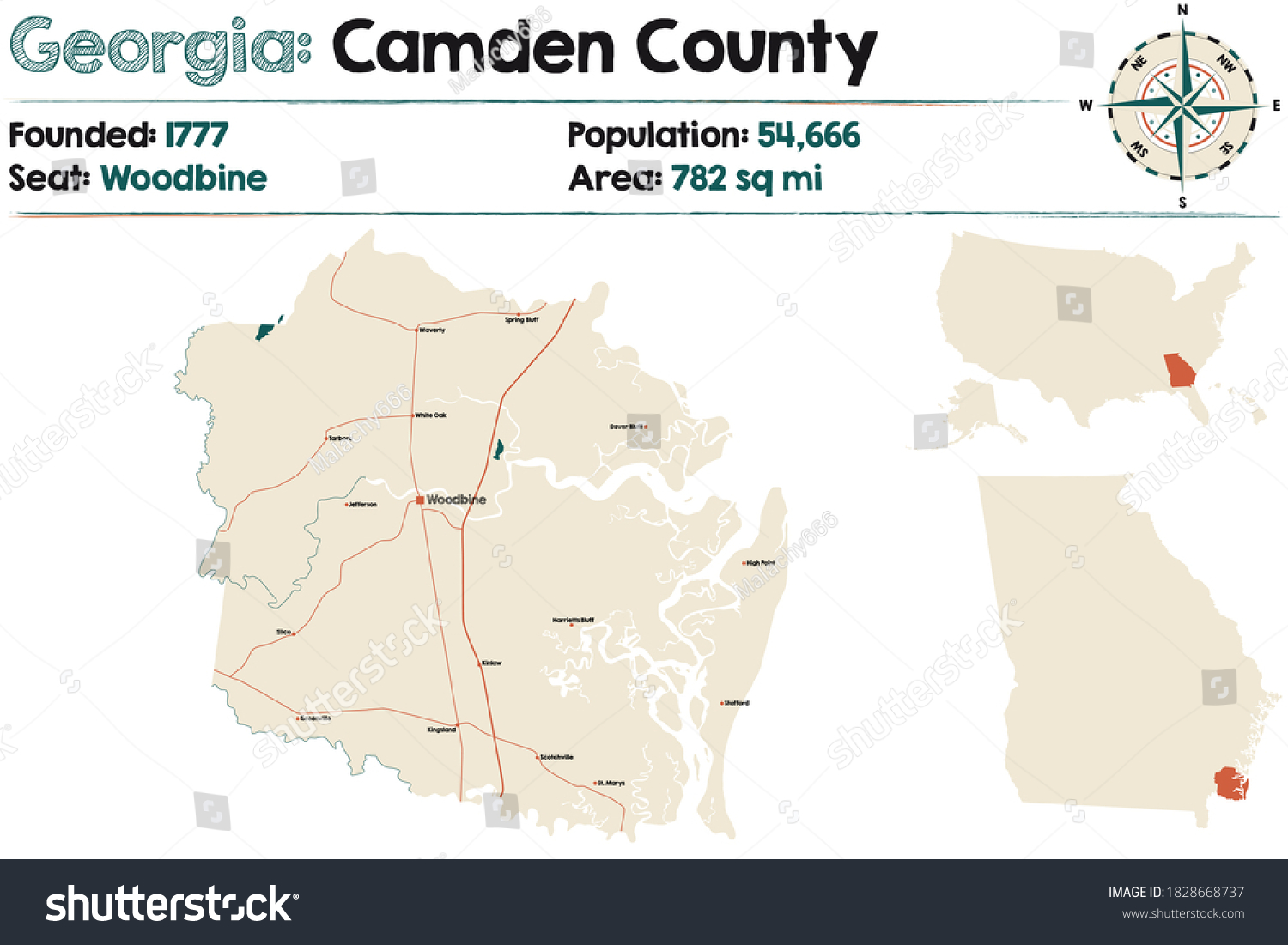 Large and detailed map of Camden county in Royalty Free Stock Vector