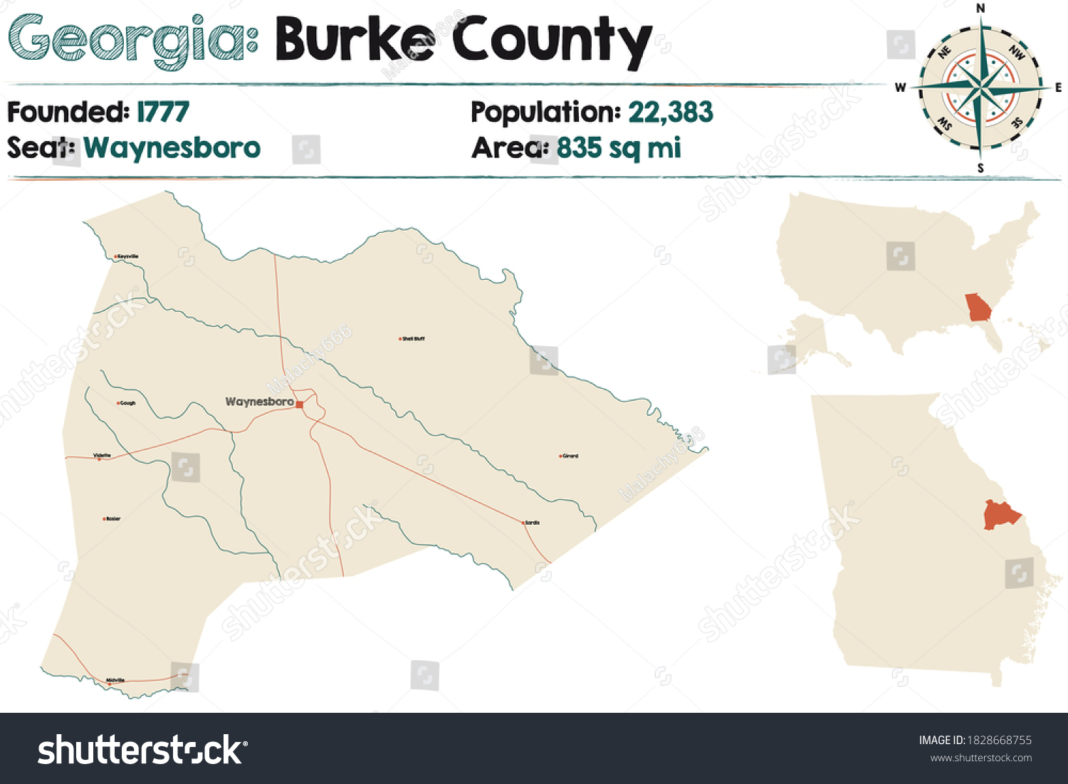 Large and detailed map of Burke county in - Royalty Free Stock Vector 